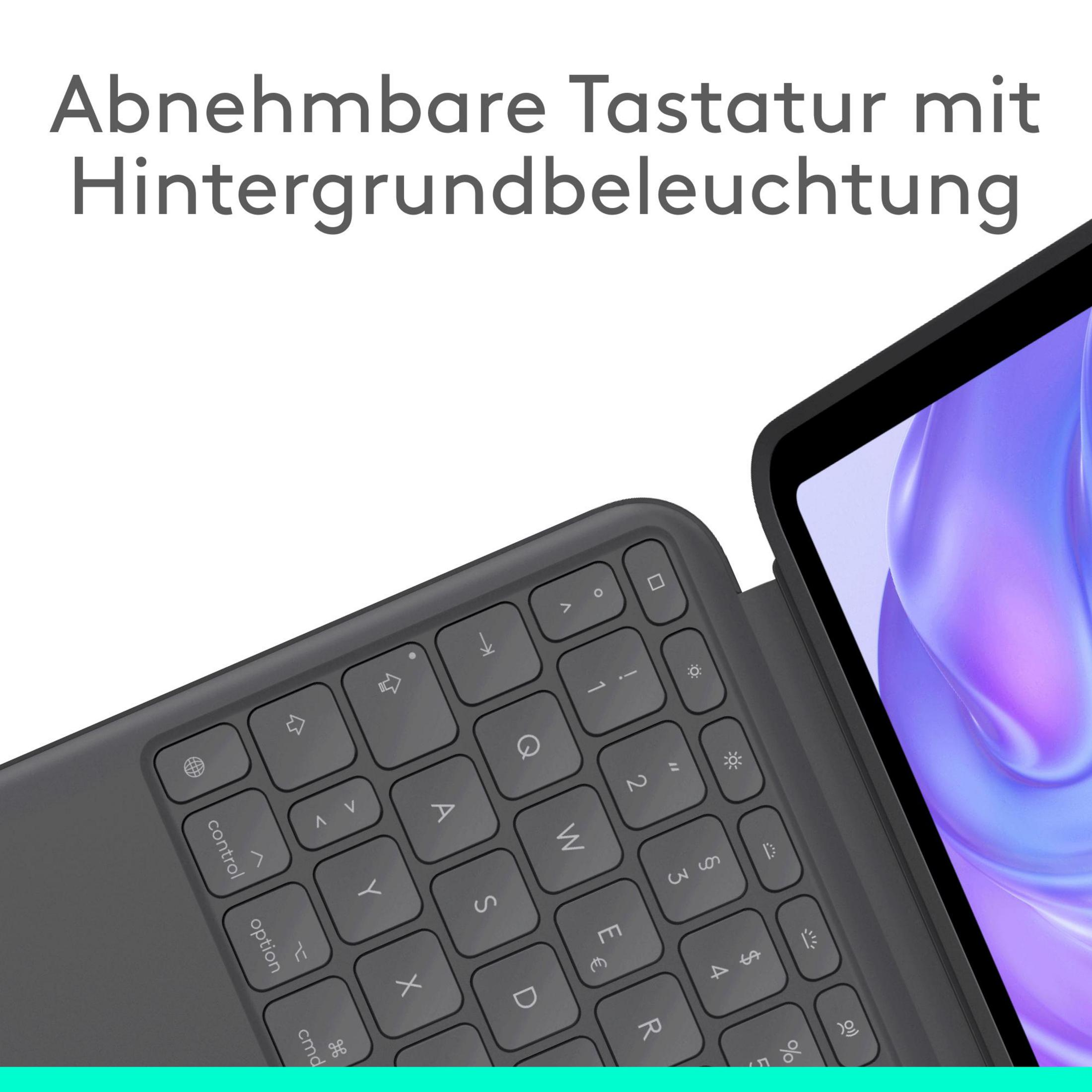 Tastiera grigia con tablet e schermo viola, è staccabile.