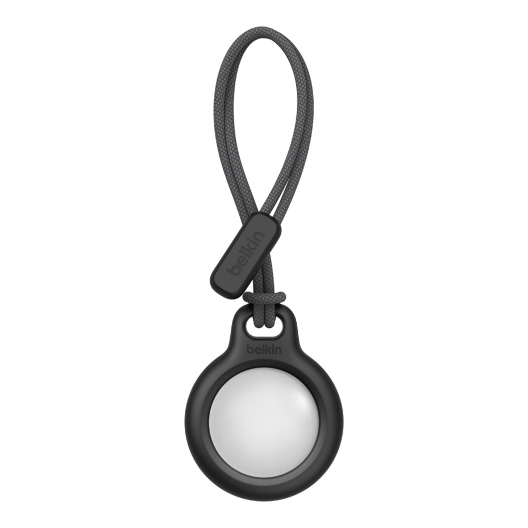 Portachiavi Belkin nero con anello e passante in corda grigia.
