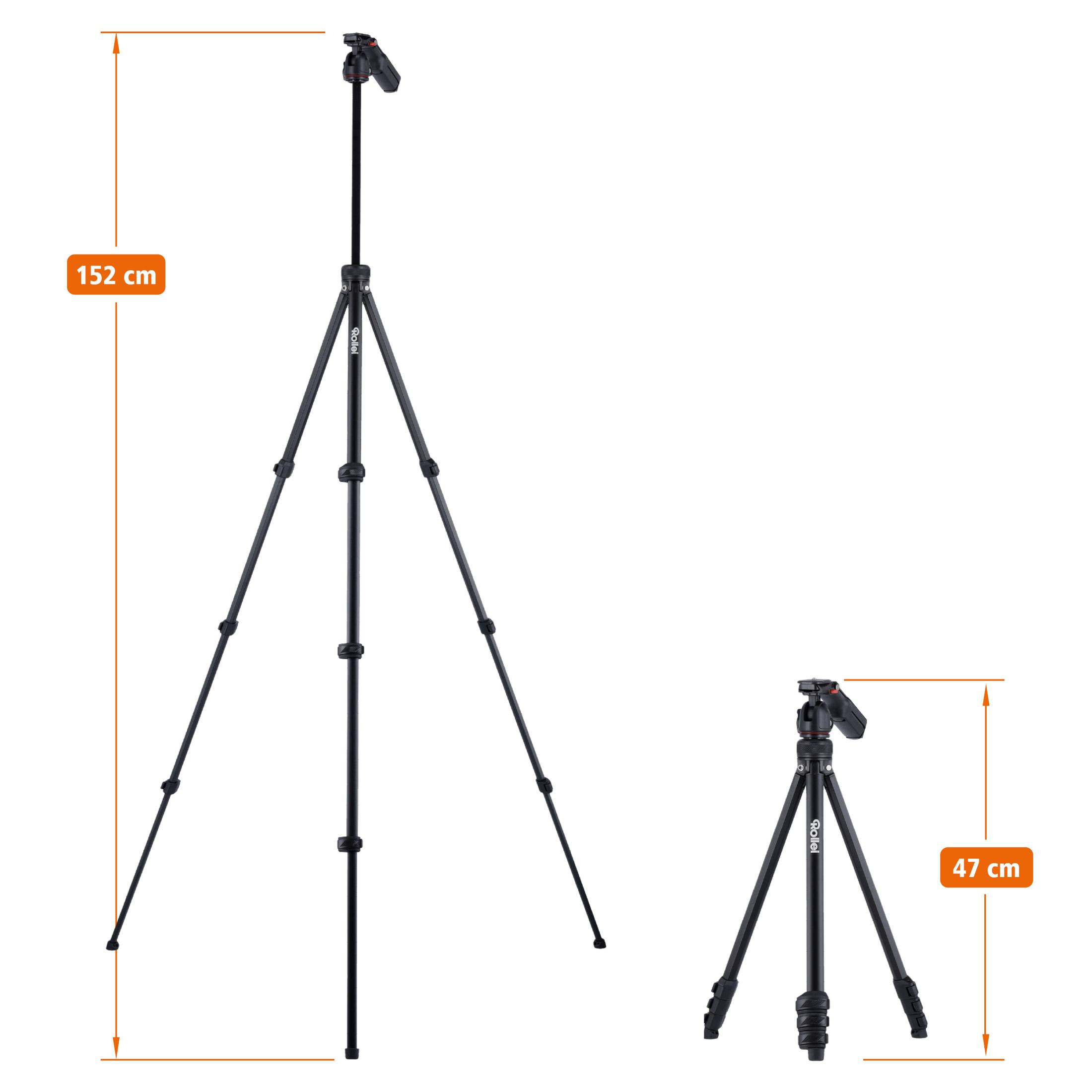 Mostrati due treppiedi neri. Uno è alto 152 cm; l'altro 47 cm.