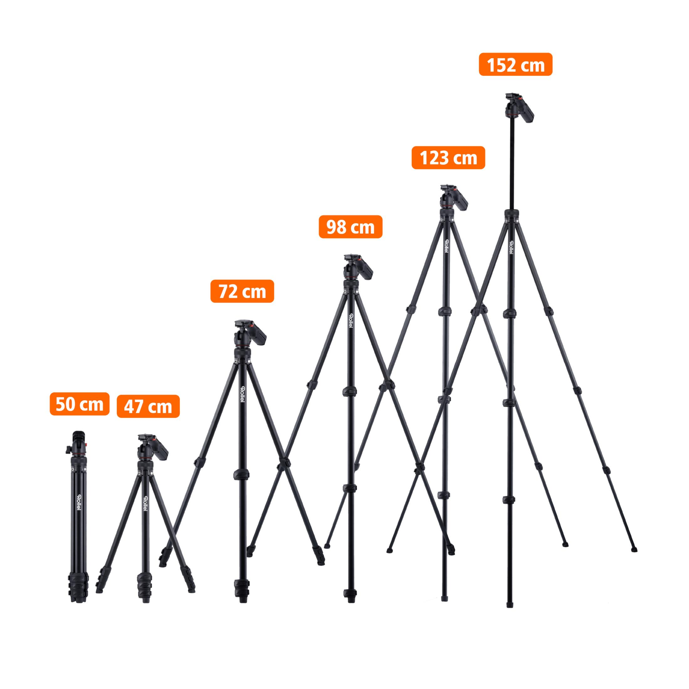 Cinque treppiedi Rollei neri di diverse altezze, da 47 cm a 152 cm.