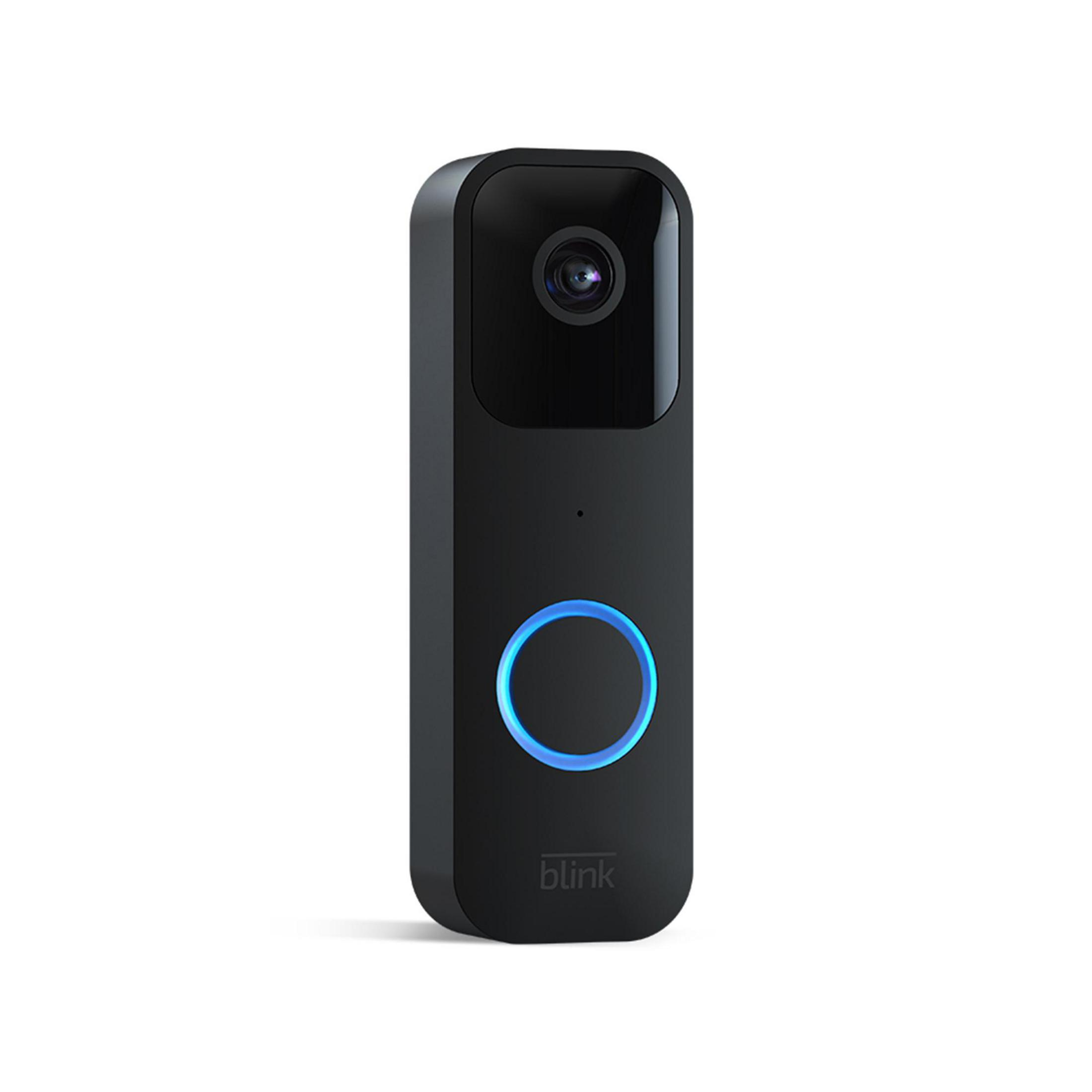 Telecamera campanello smart nera con anello luminoso blu e logo Blink.