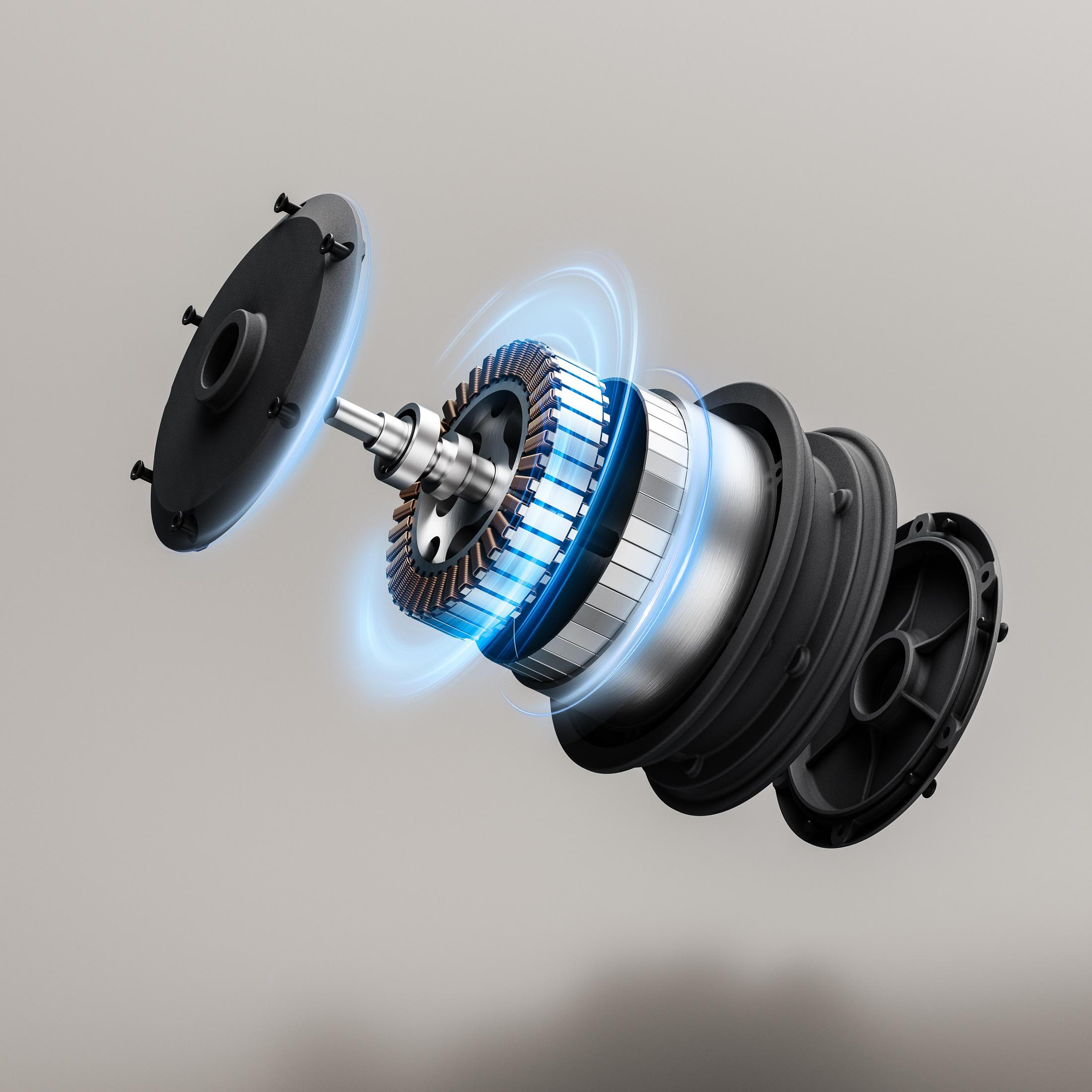 Explodierte Ansicht eines Motors mit Spulen und Wellen, umgeben von blauen Lichtern.