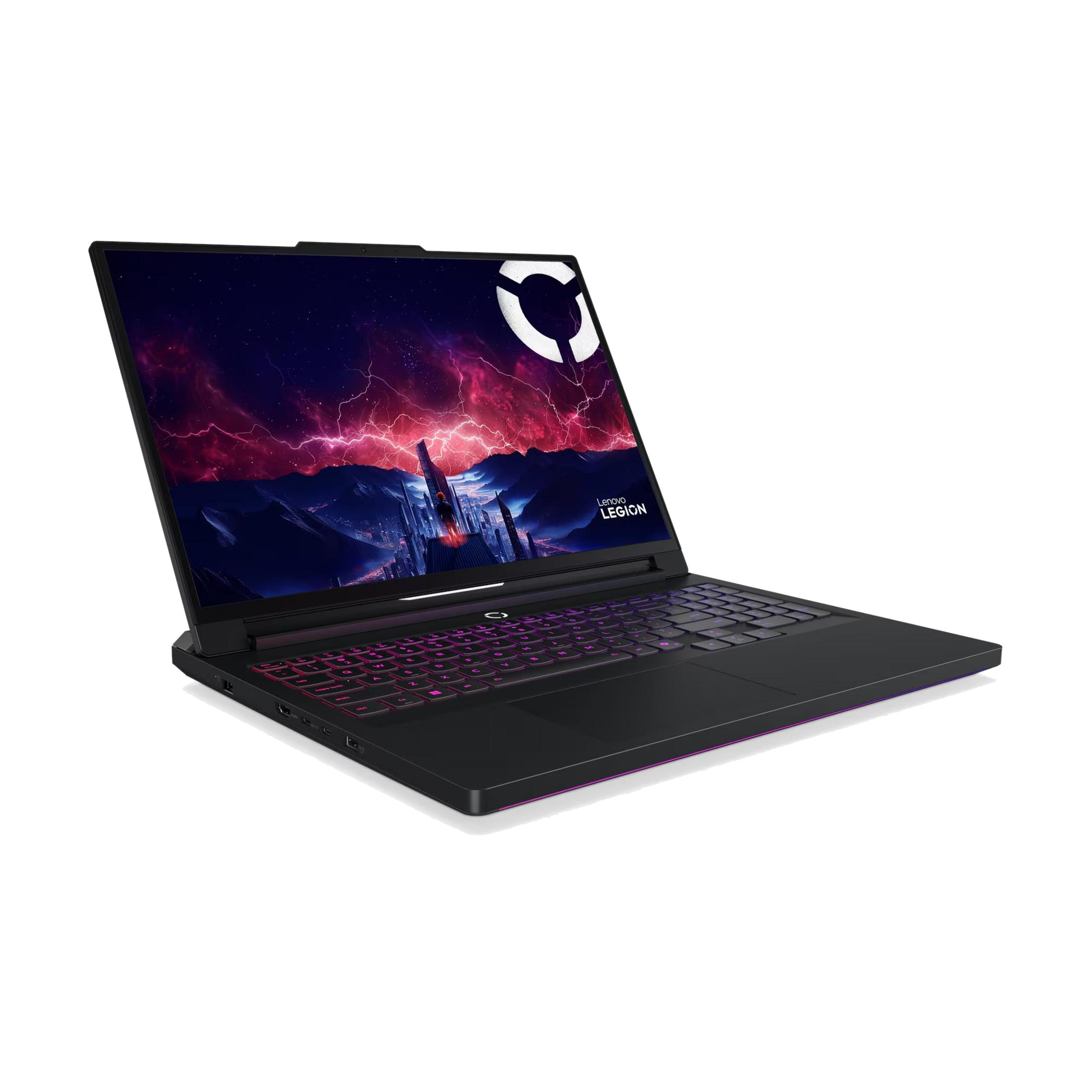 Portátil negro con teclado iluminado y fondo de pantalla futurista.