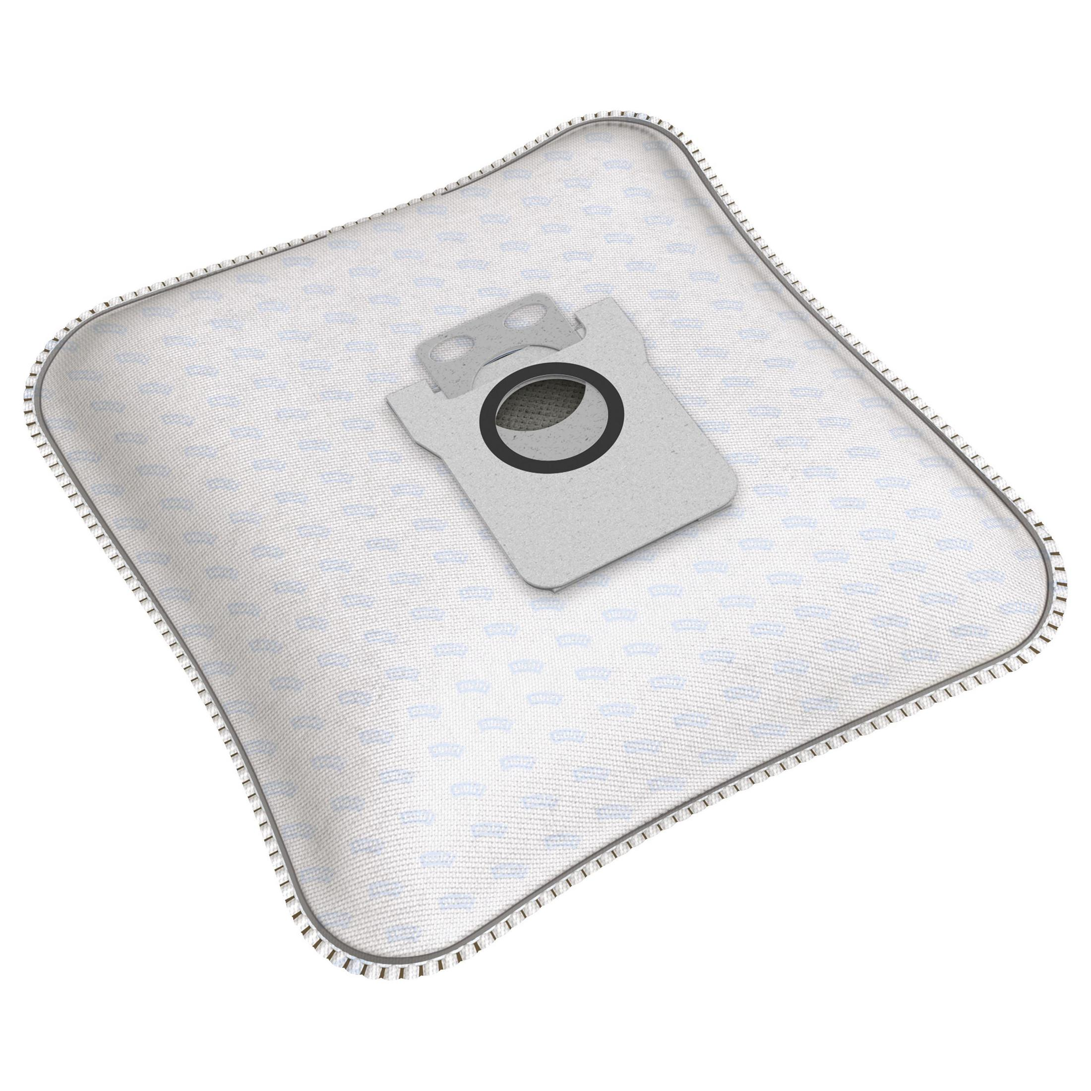 Una bolsa de aspiradora blanca con conector gris y estampado azul.