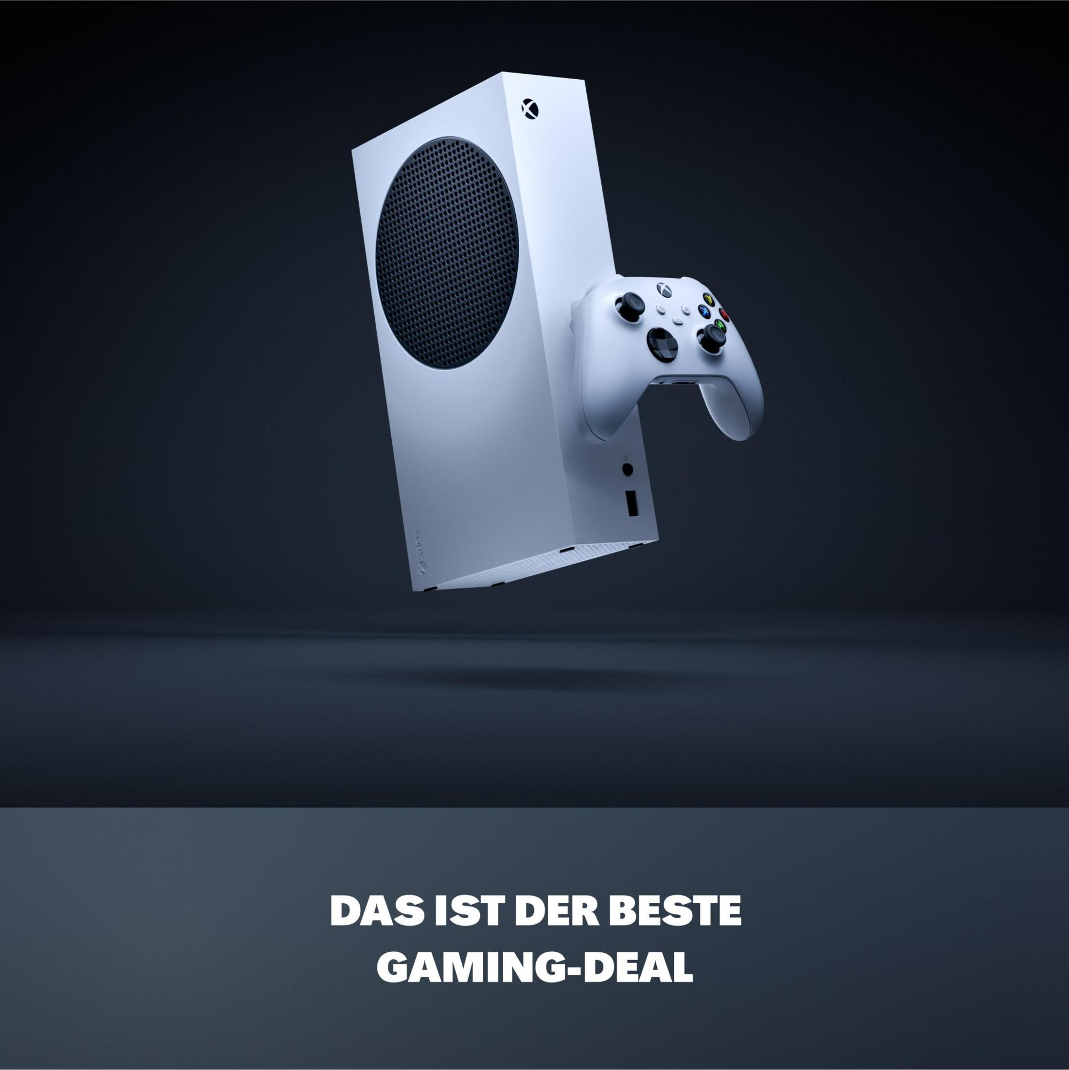 Weiße Xbox Series S Konsole mit Controller schwebt über dunklem Hintergrund.