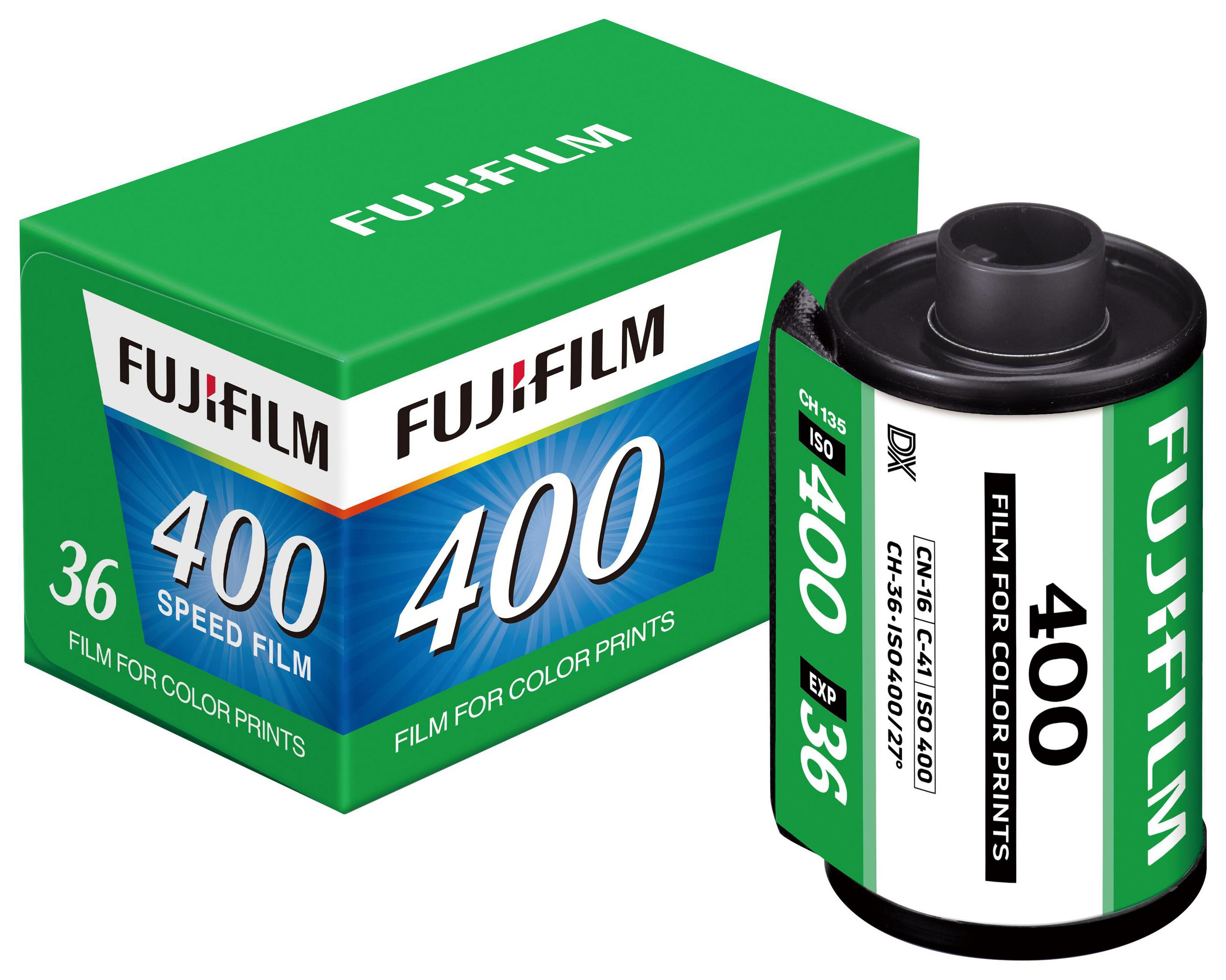 Zielona rolka i pudełko filmu kolorowego Fujifilm 400, 36 klatek.