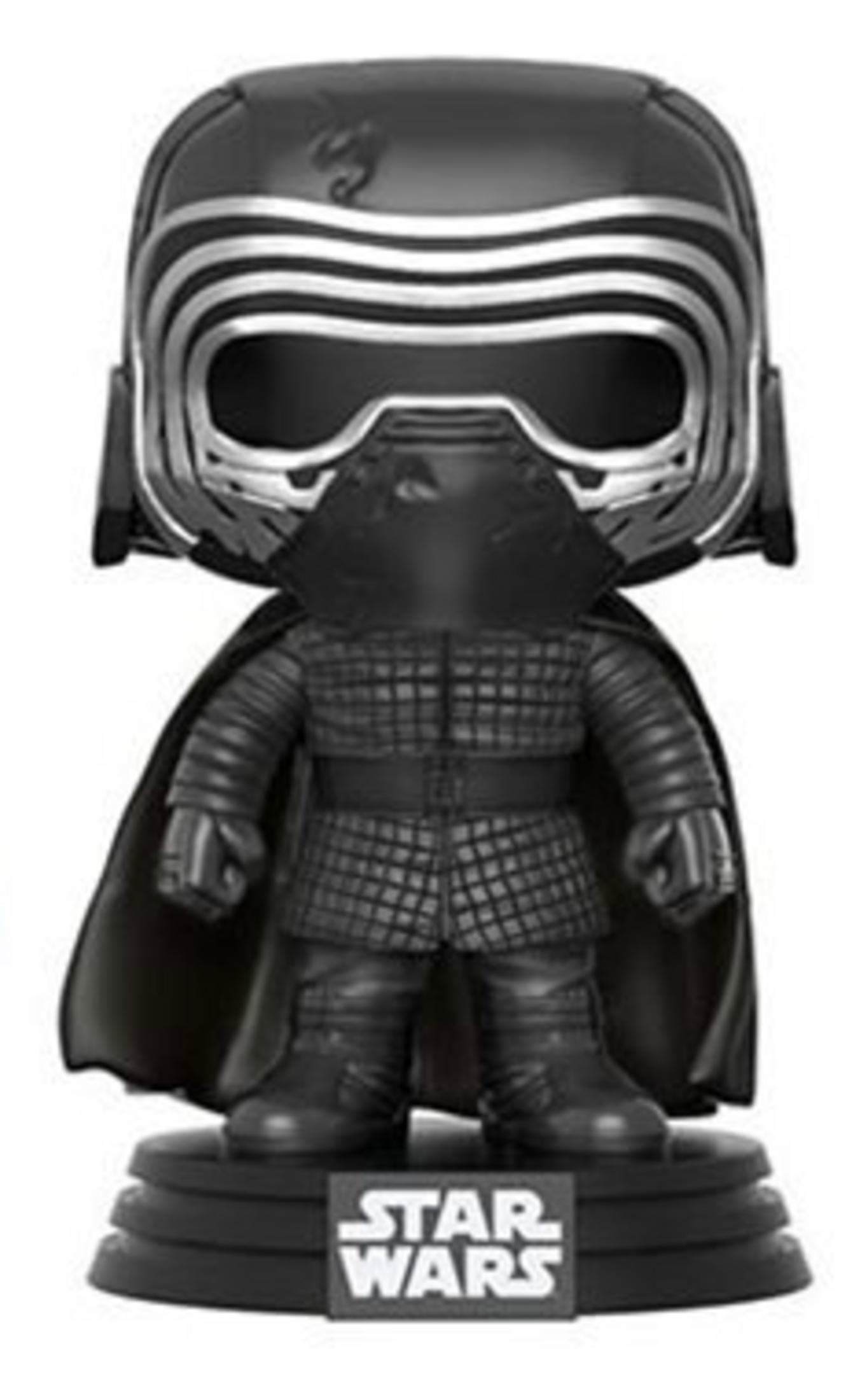 Eine schwarze Kylo Ren Funko Pop Figur steht auf einem schwarzen Sockel mit Star Wars Logo.