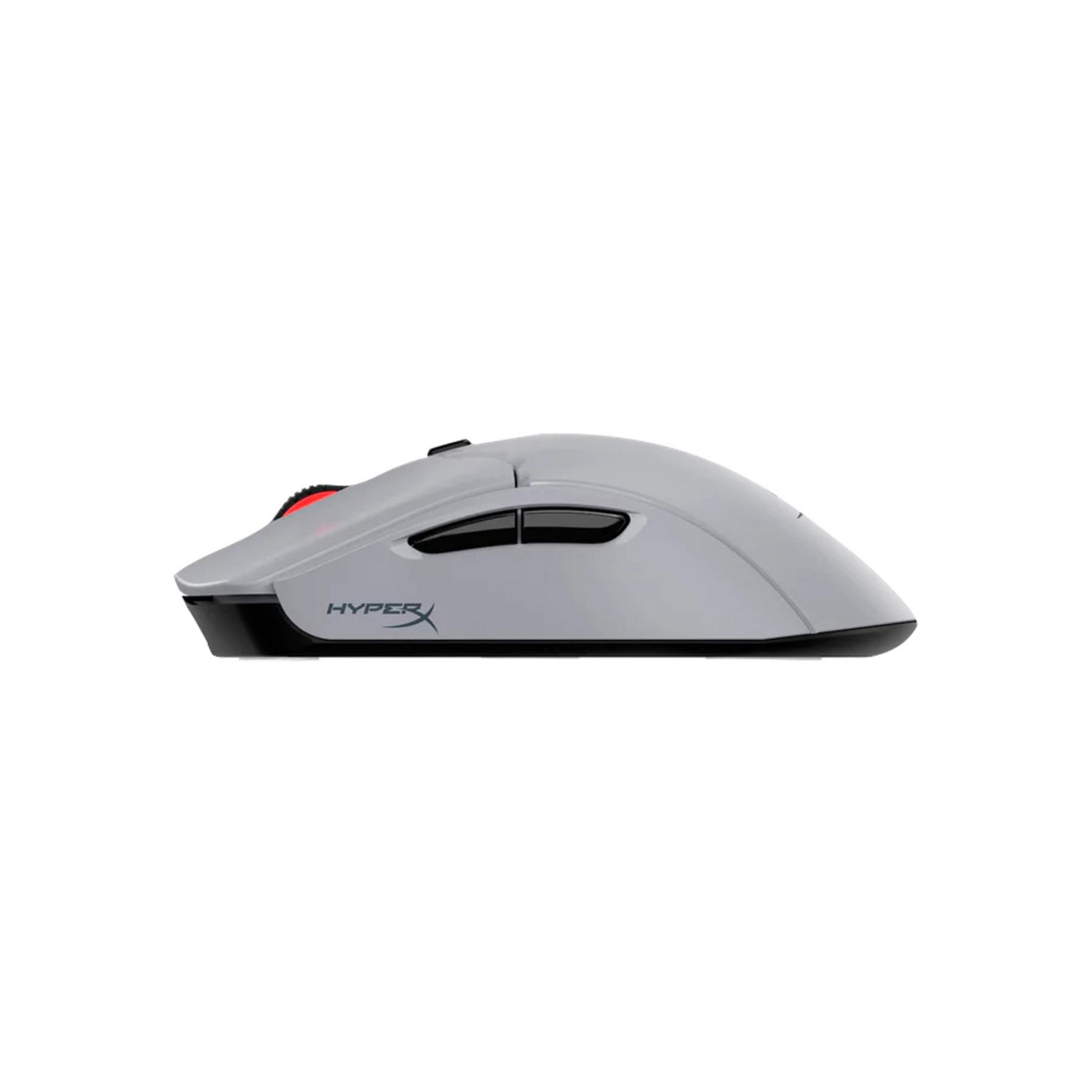 Mouse per computer grigio con rotellina rossa e pulsanti neri.