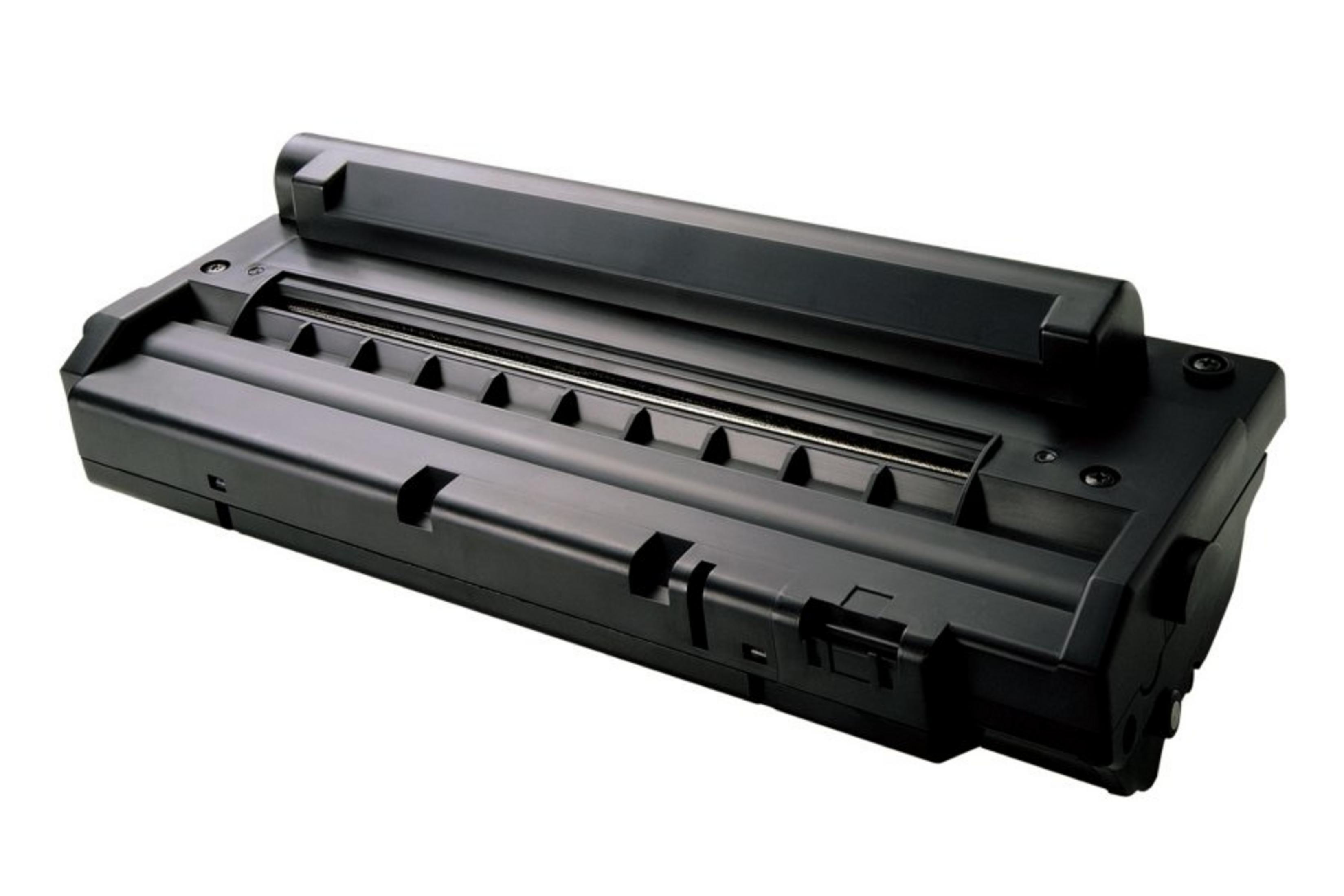 Un cilindro di cartuccia toner nera per stampante mostrato in dettaglio su sfondo bianco.