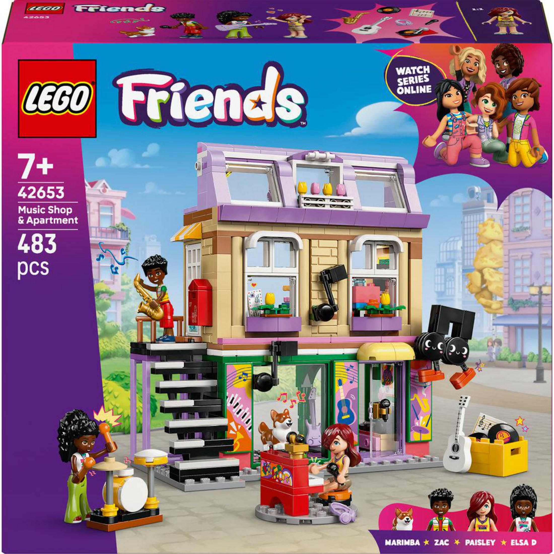 Zestaw LEGO Friends Sklep Muzyczny i Mieszkanie z figurkami i instrumentami.