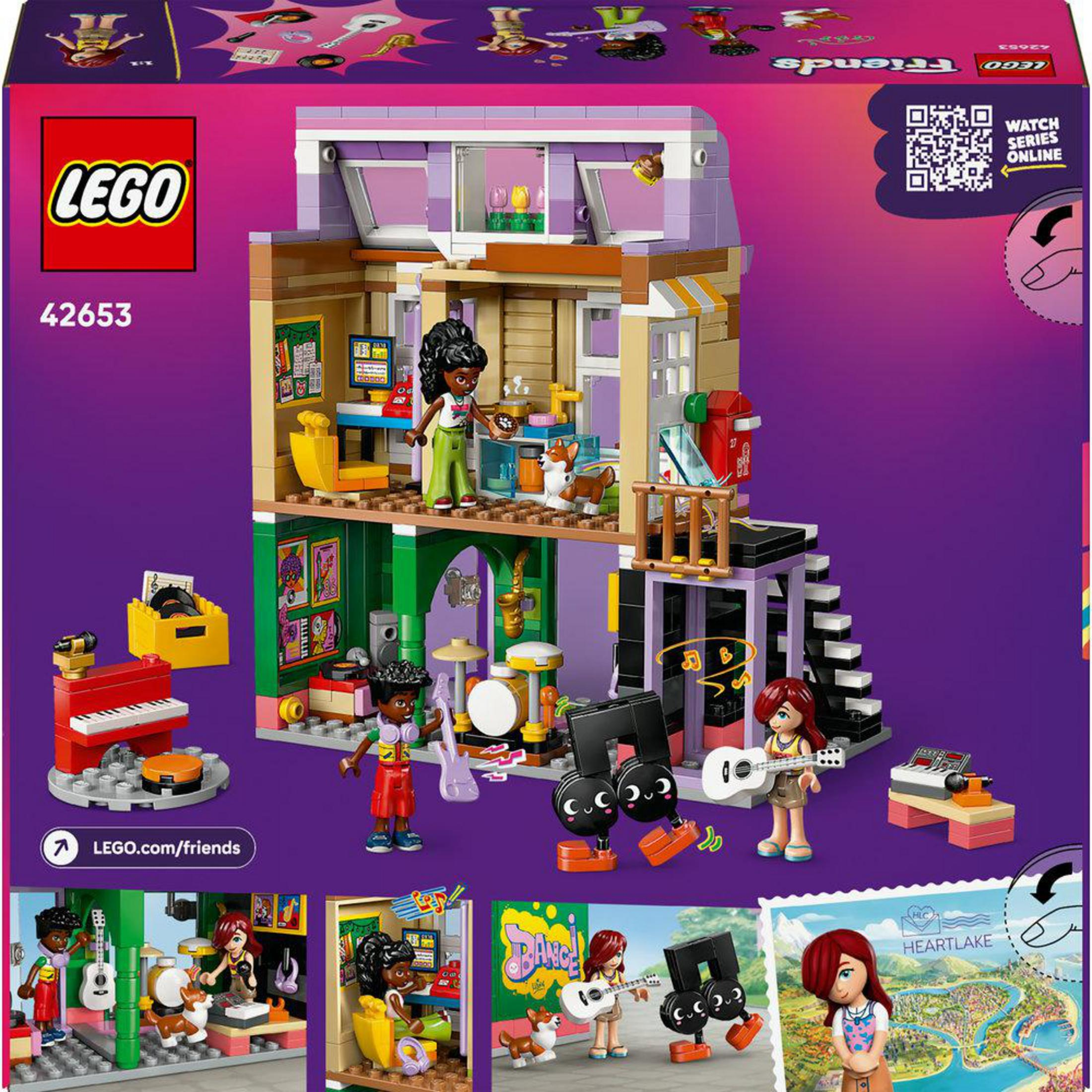 Zestaw LEGO Friends z pokojami muzycznymi, postaciami, instrumentami i psem.