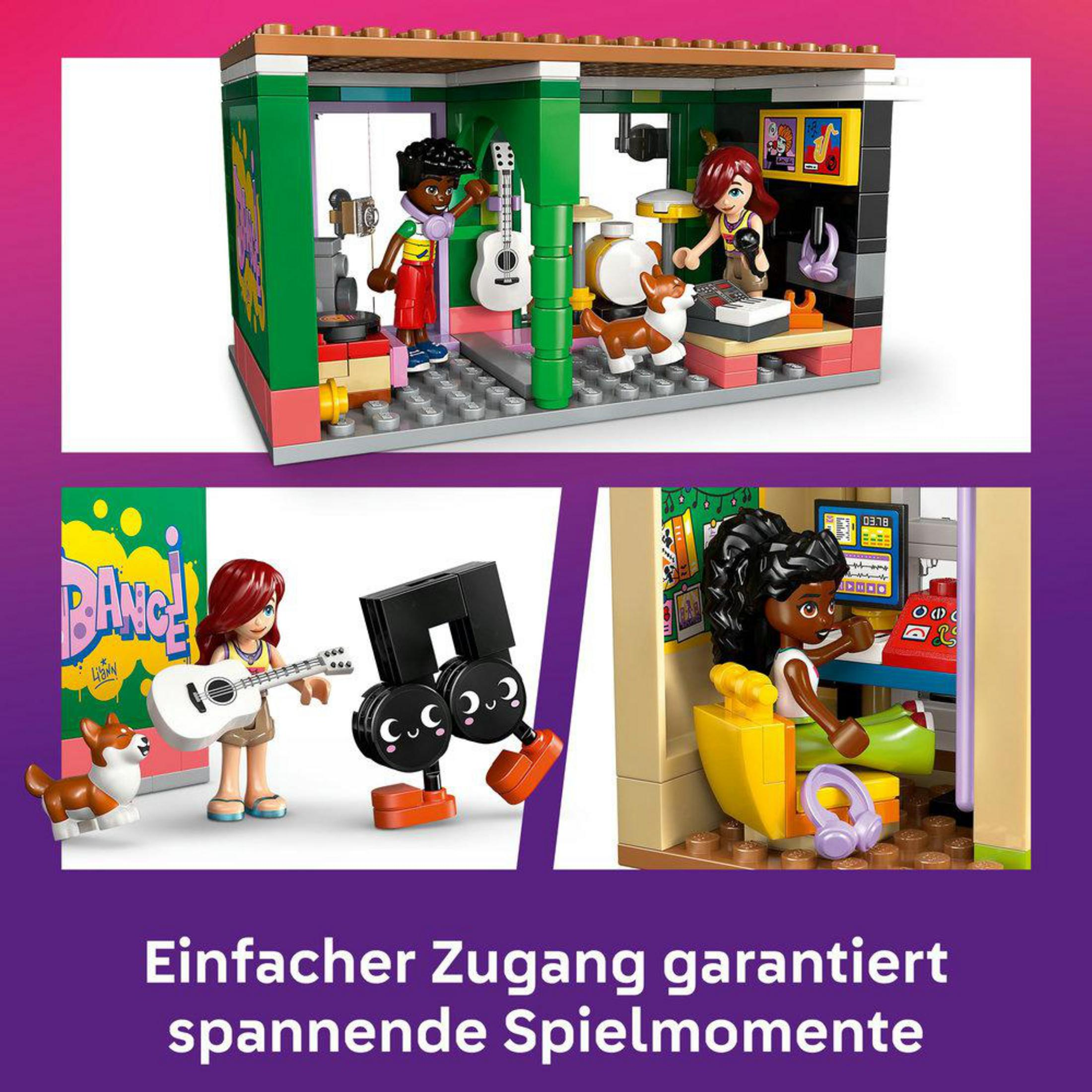 Figurki Lego w studiu muzycznym i na scenie z instrumentami i psami.