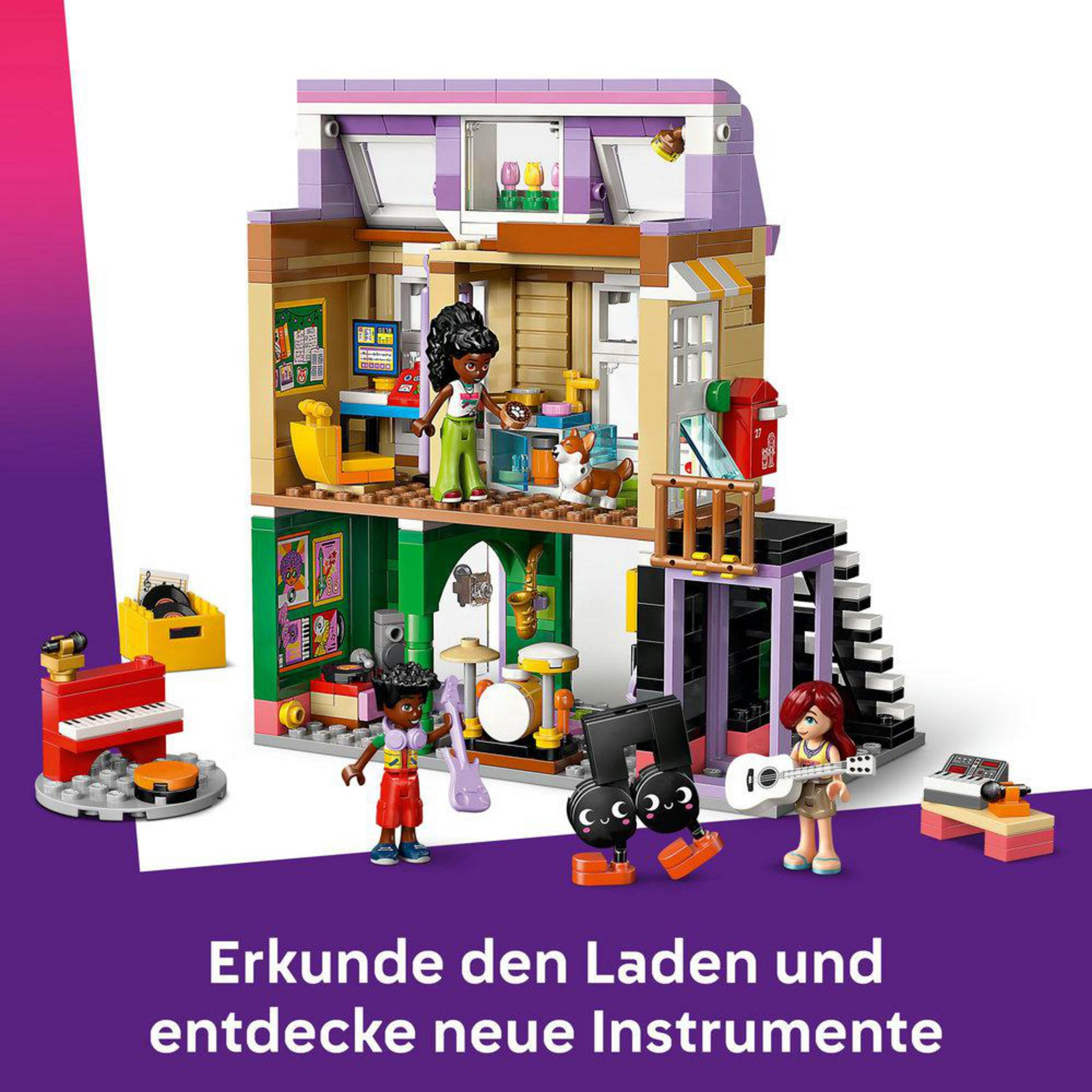 Kolorowy domek Lego z figurkami, instrumentami i psem.