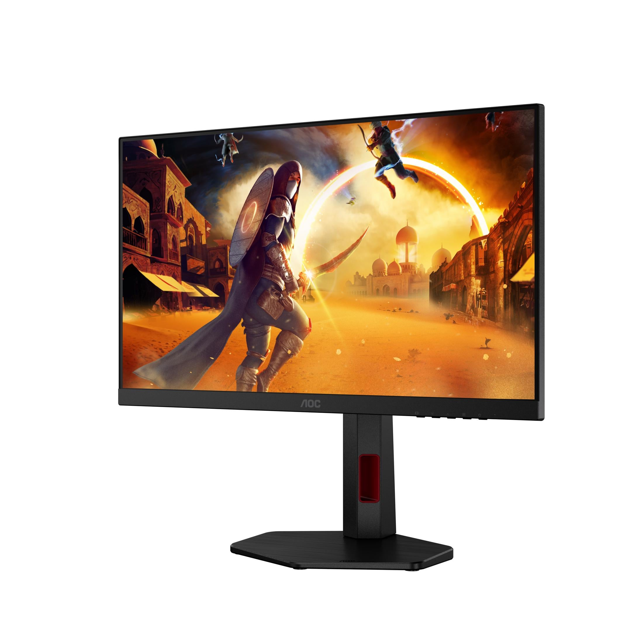 Monitor da gioco che mostra una scena fantasy con guerrieri in una città desertica.