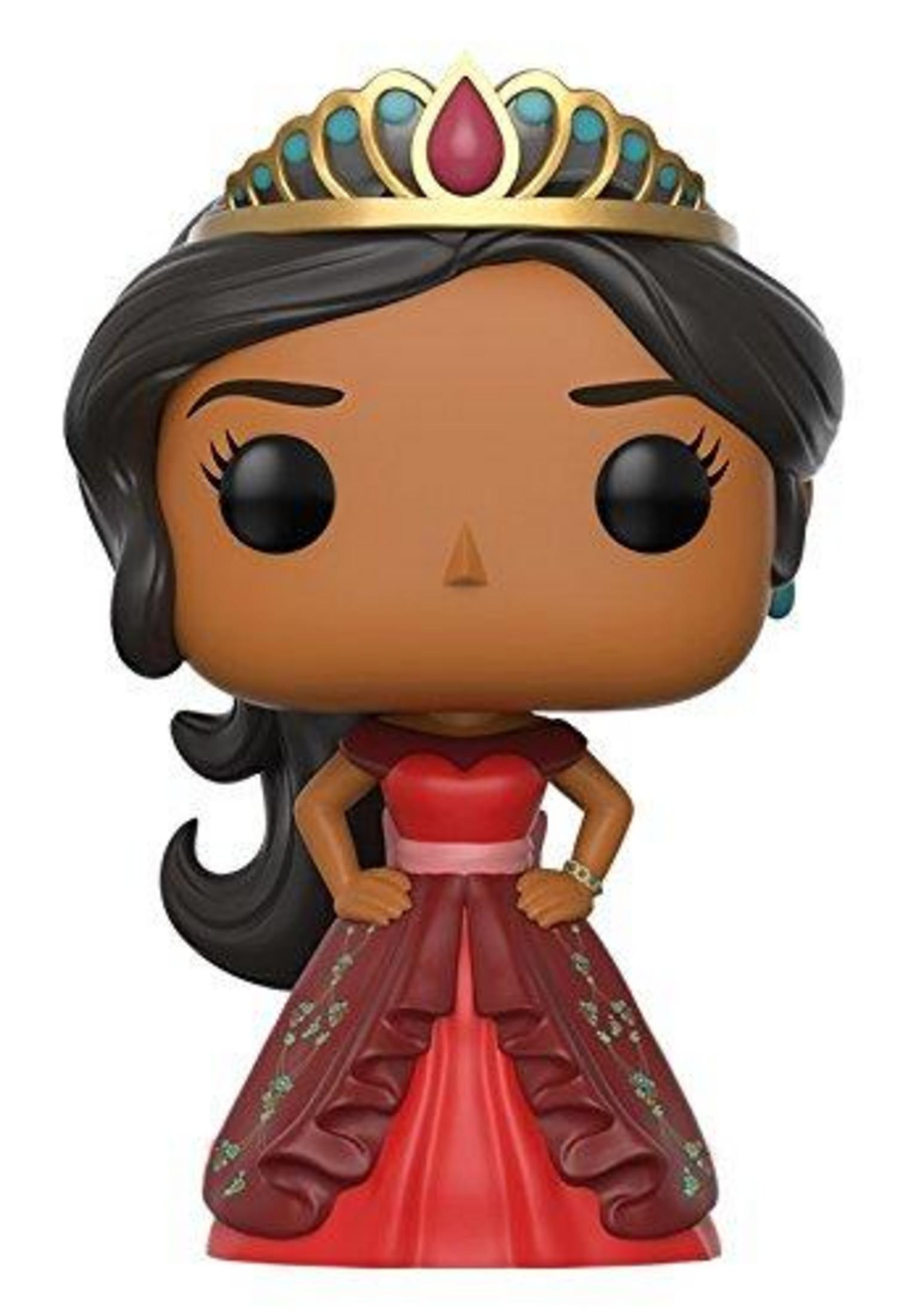 Funko Pop Prinzessin mit Tiara, rotem Kleid, dunklen Haaren. Weißer Hintergrund.