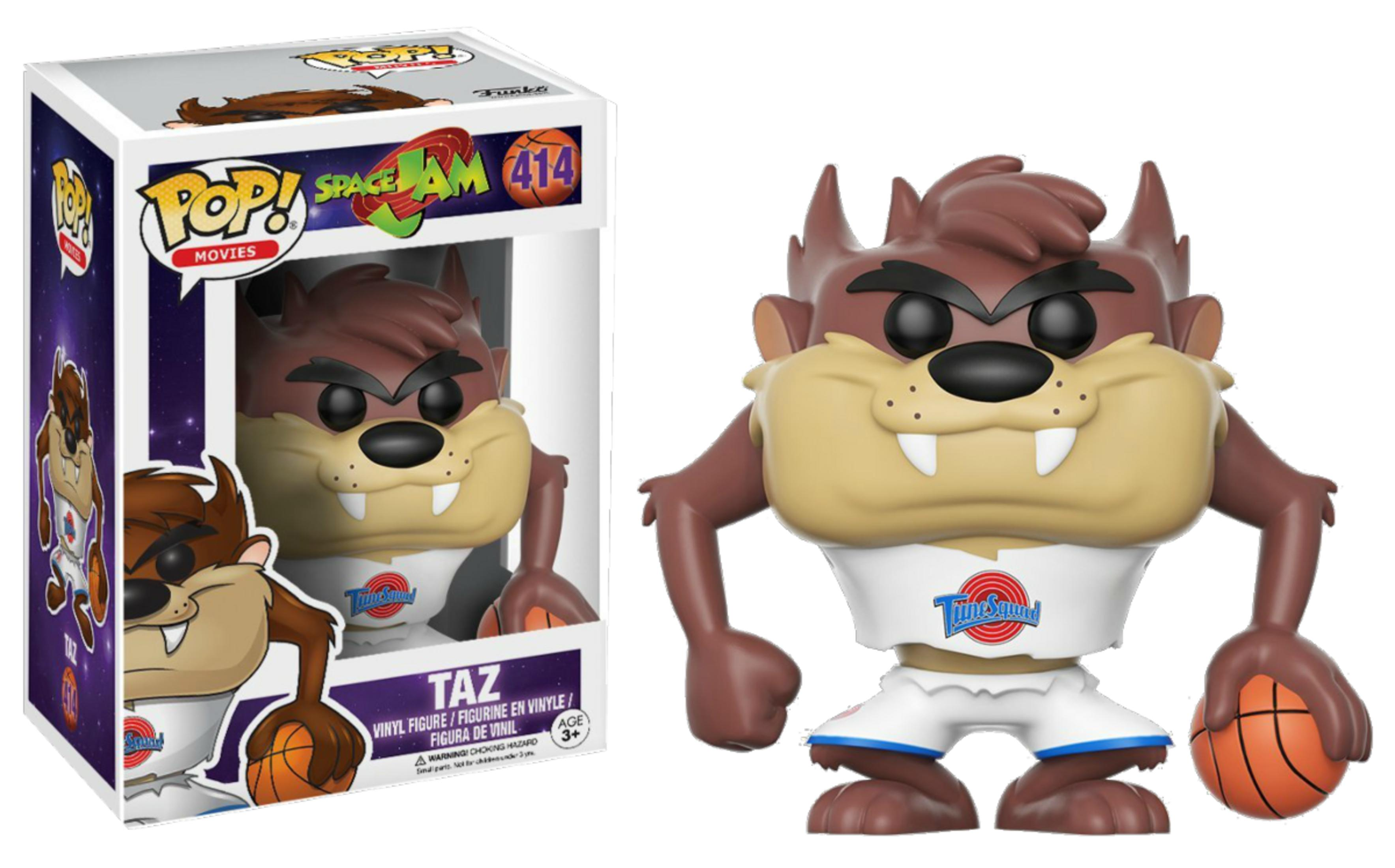 Taz-Figur aus Space Jam im Karton, mit Basketball. Braune Figur mit weißem Trikot.