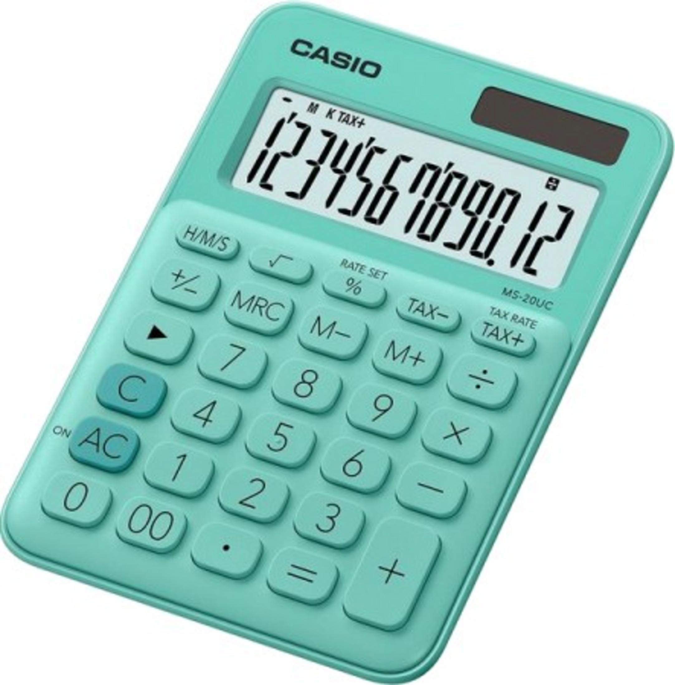 Una calcolatrice da scrivania Casio turchese con pannello solare e display LCD.