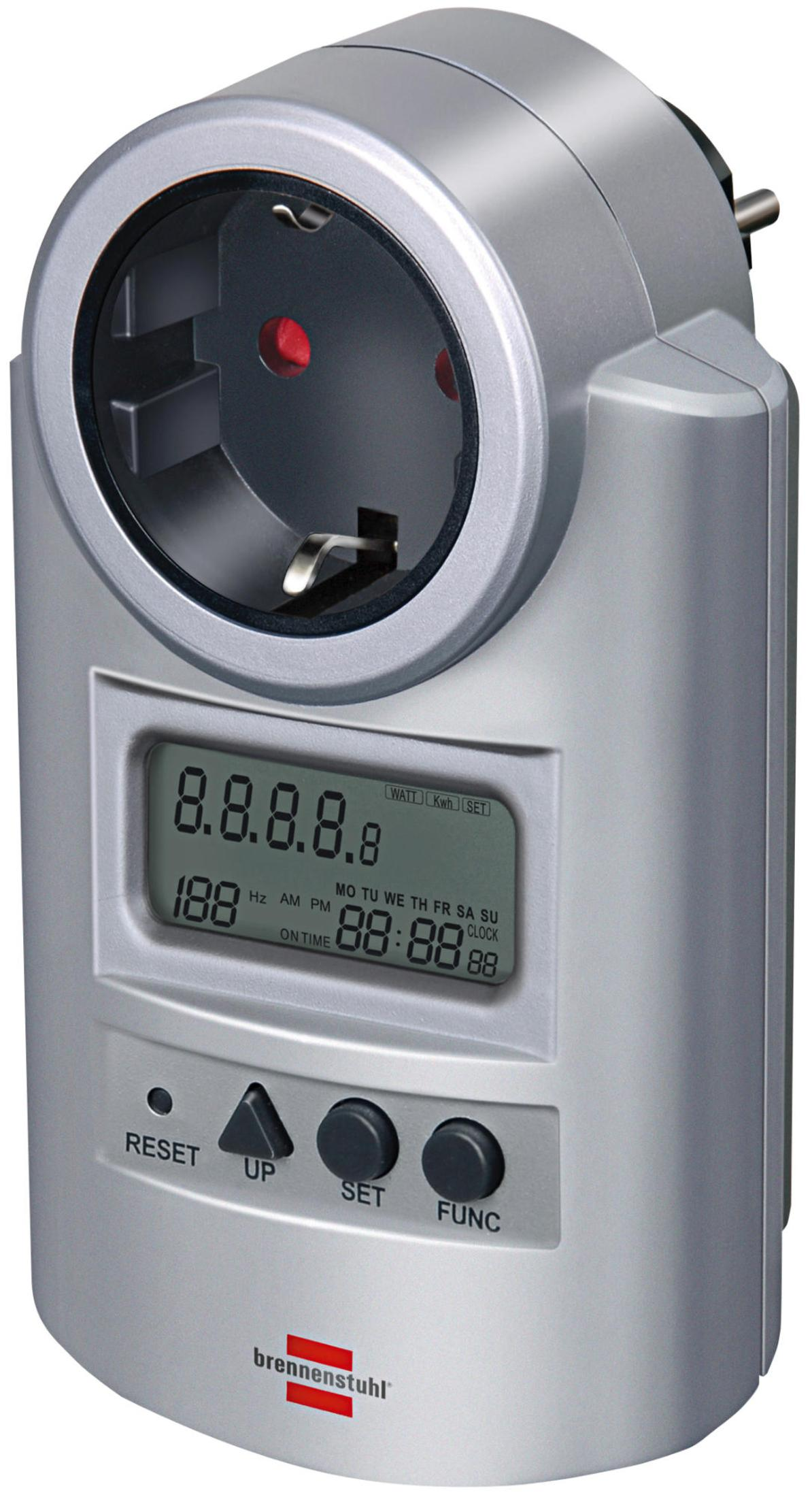 Dijital ekranlı ve düğmeli gümüş renkli elektrik sayacı.