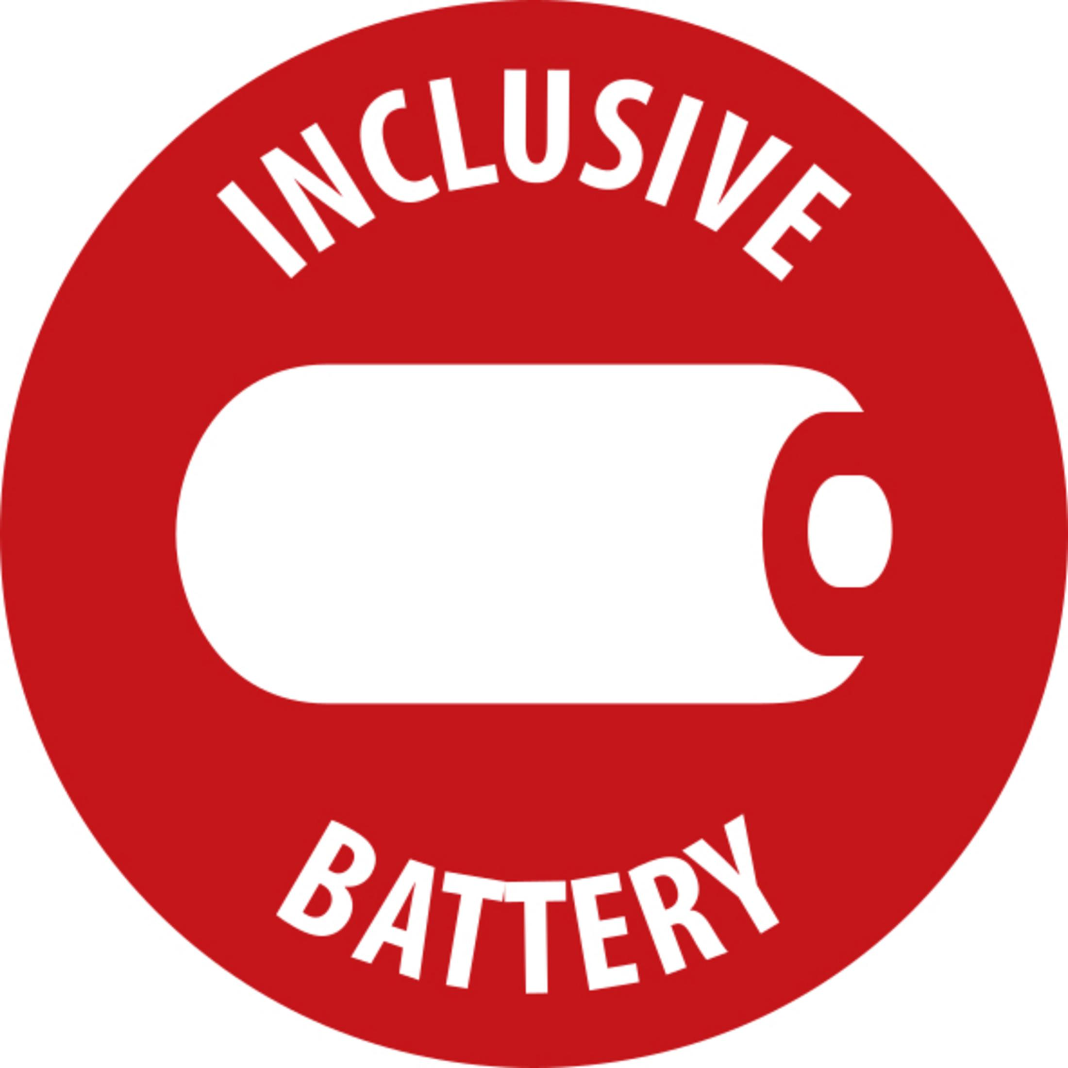 Beyaz 'INCLUSIVE BATTERY' yazısı ve beyaz pil simgesi olan kırmızı dairesel logo.