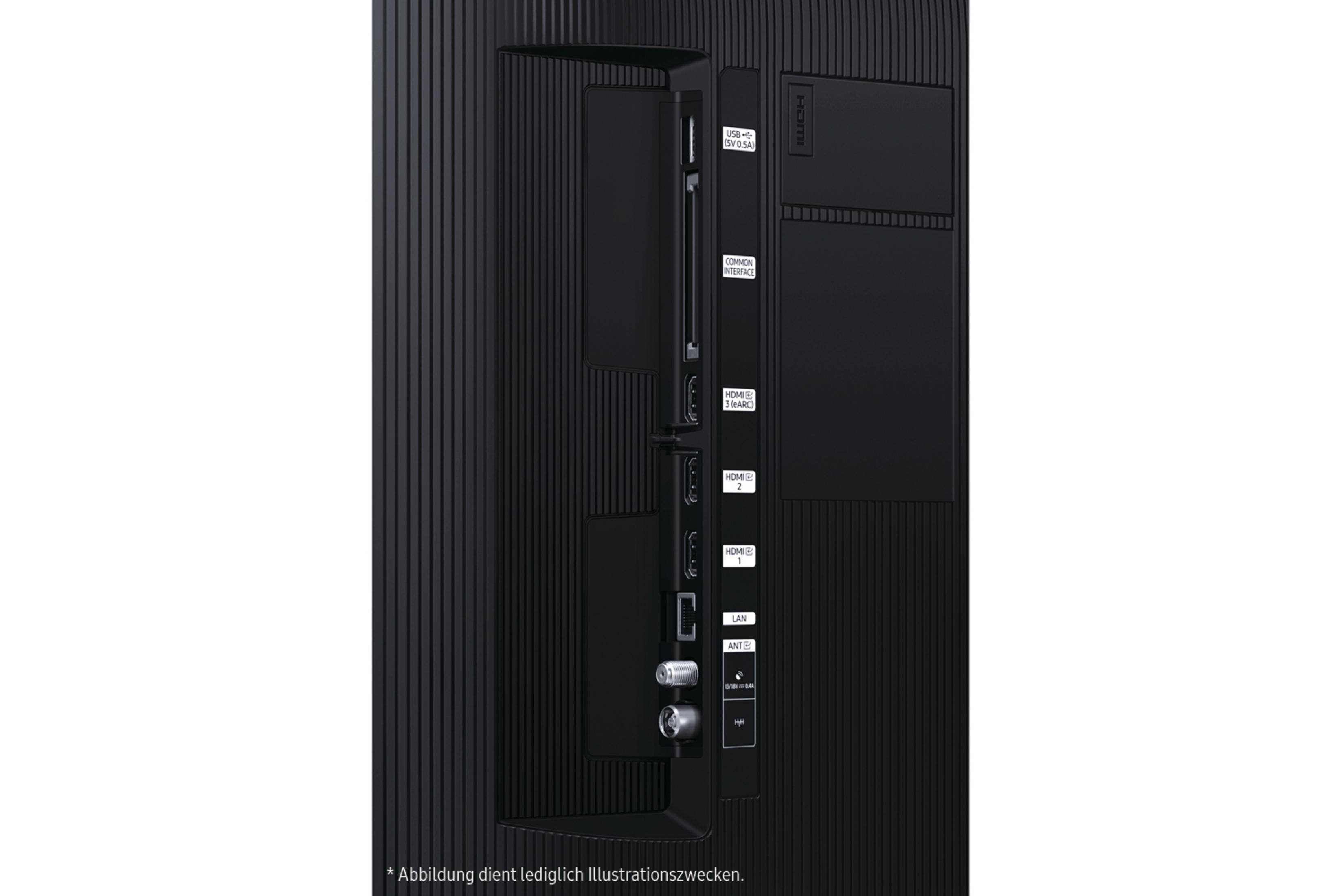 Rückseite eines Fernsehgeräts mit Anschlüssen: USB, Common Interface, HDMI, LAN und Antenne.