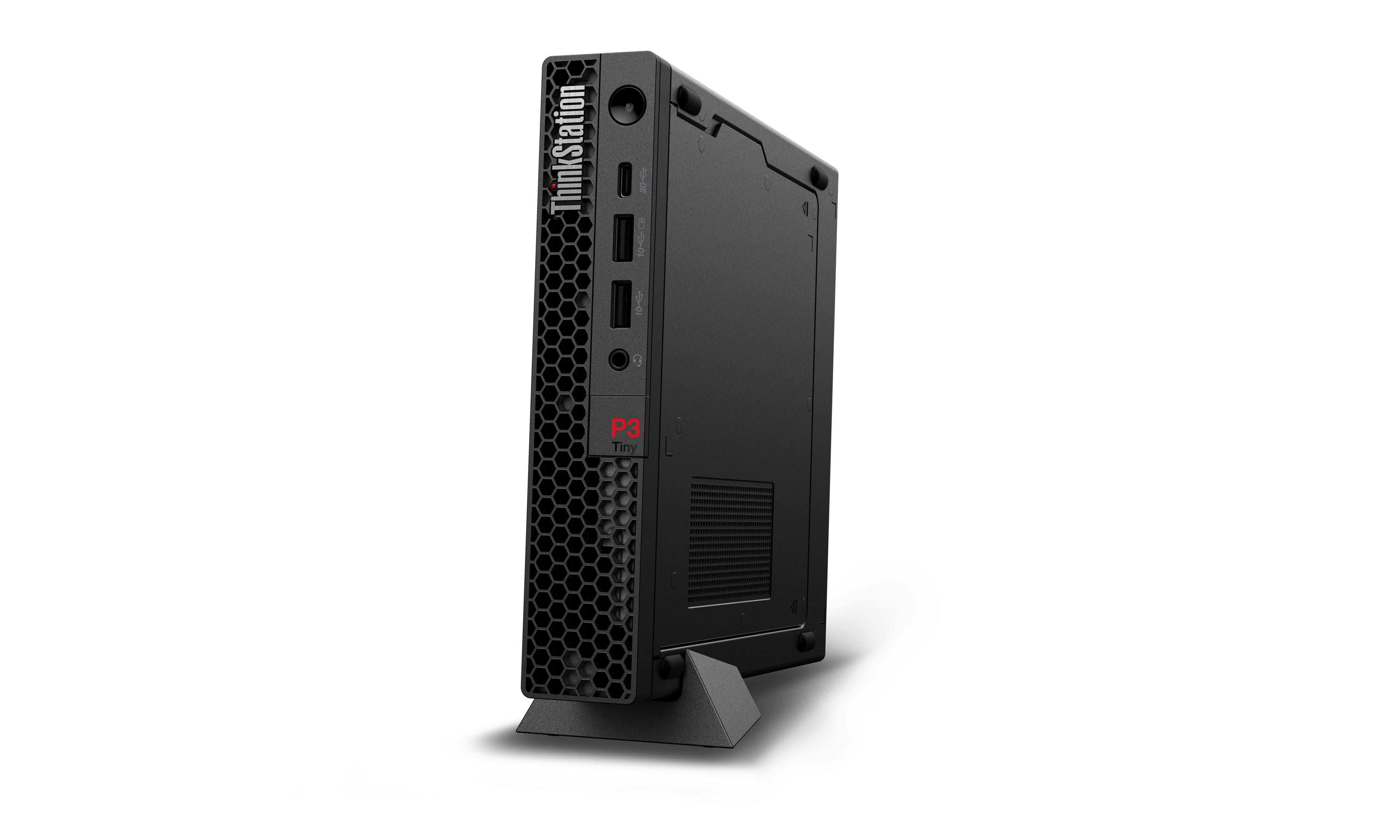 PC nero Lenovo ThinkStation P3 Tiny su supporto, isolato su bianco.