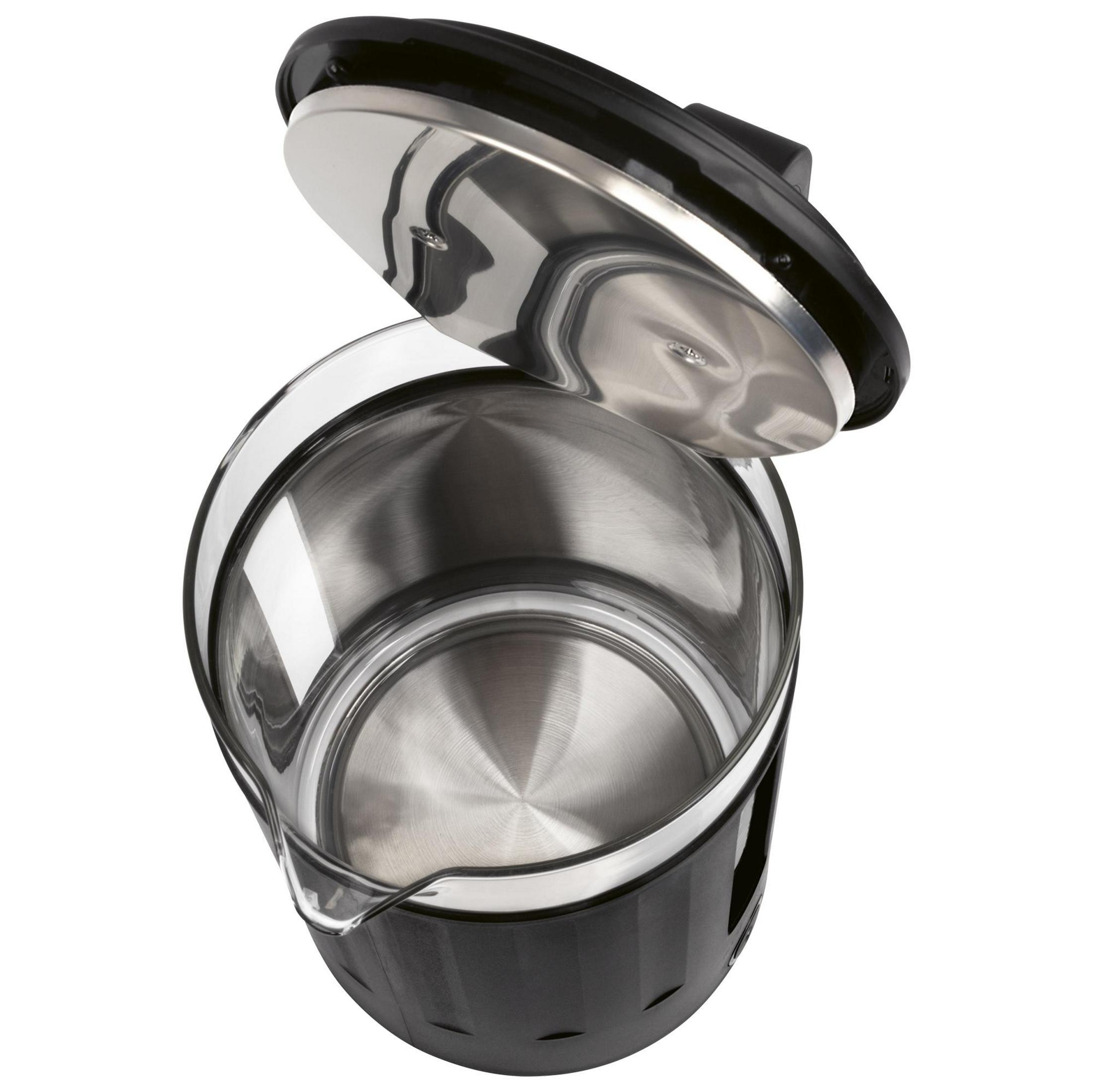 Offener Wasserkocher aus Glas und Edelstahl mit schwarzem Deckel.