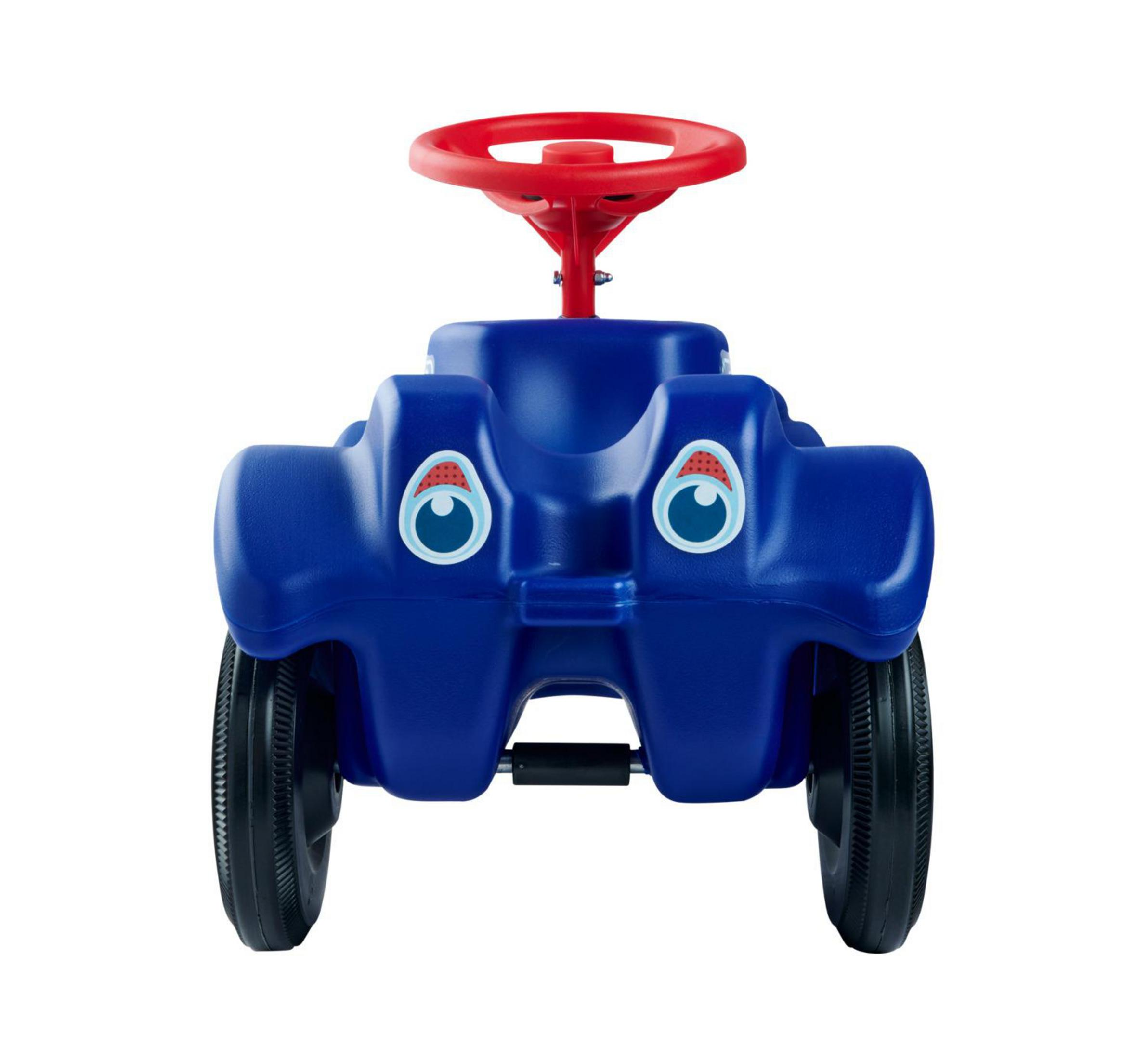 Ein blauer Spielzeugwagen mit roten Lenkrad und Augen-Aufklebern.