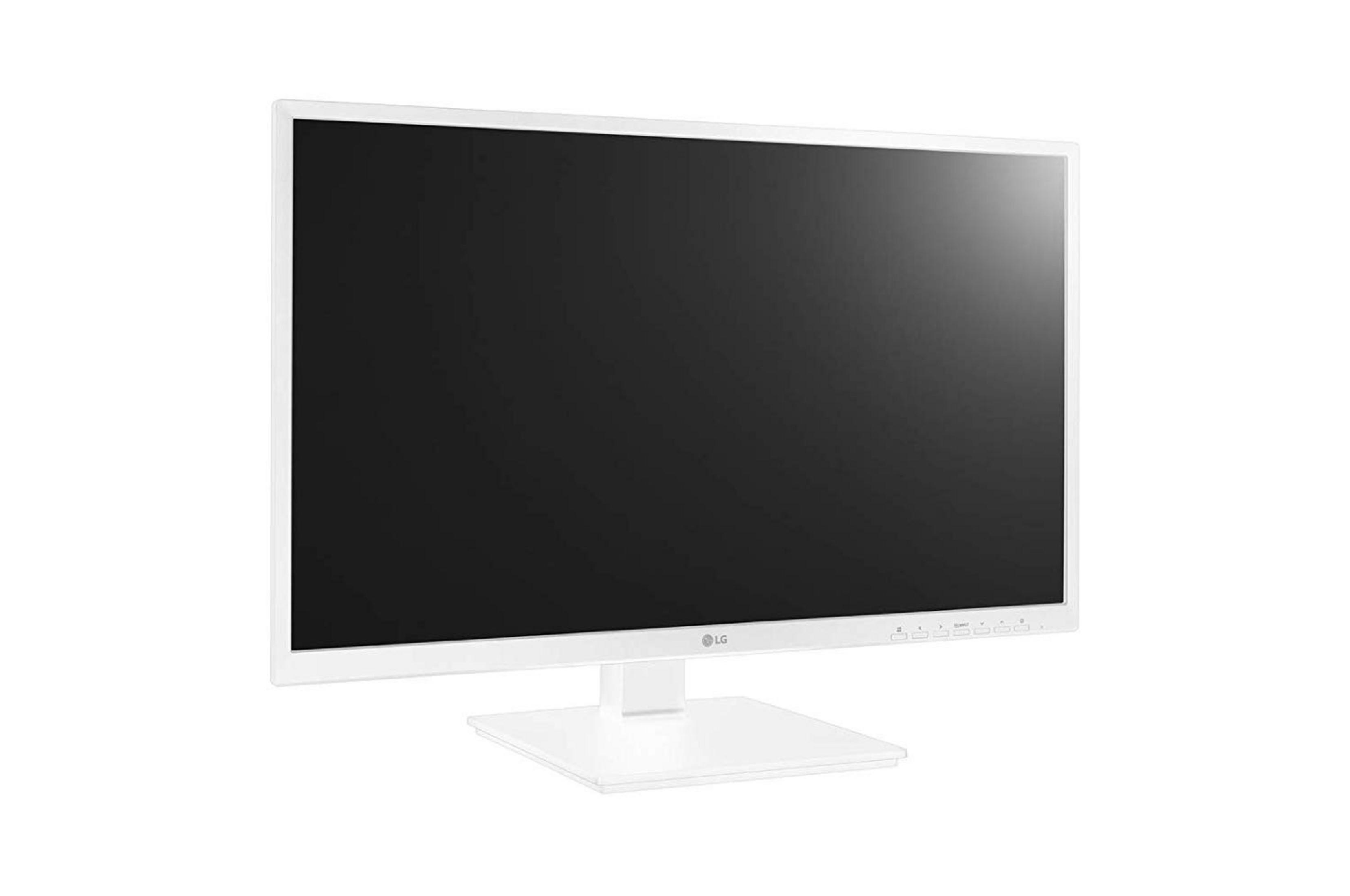 Un monitor LG bianco è su un supporto bianco su sfondo bianco.