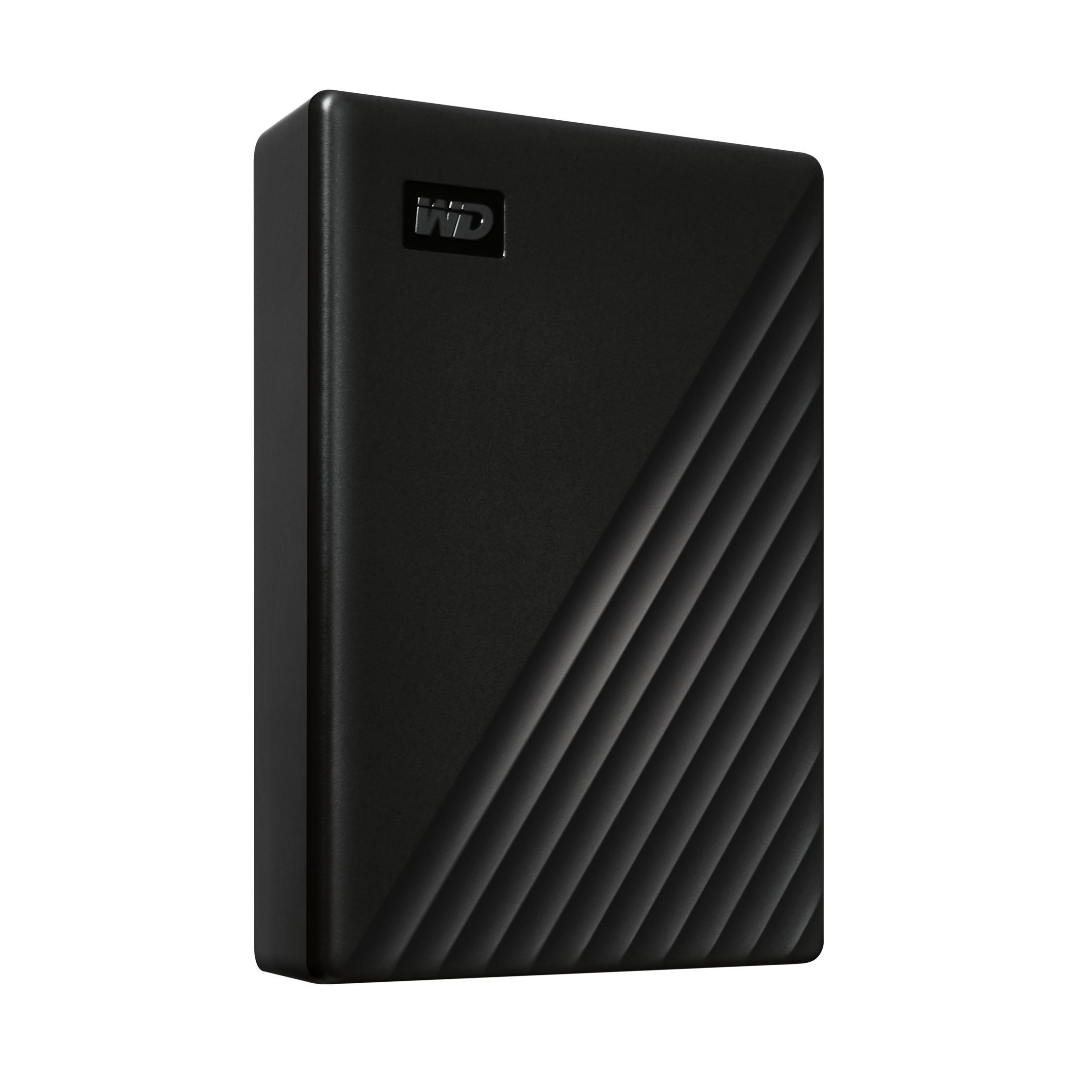Hard disk esterno nero con design a coste e logo WD.