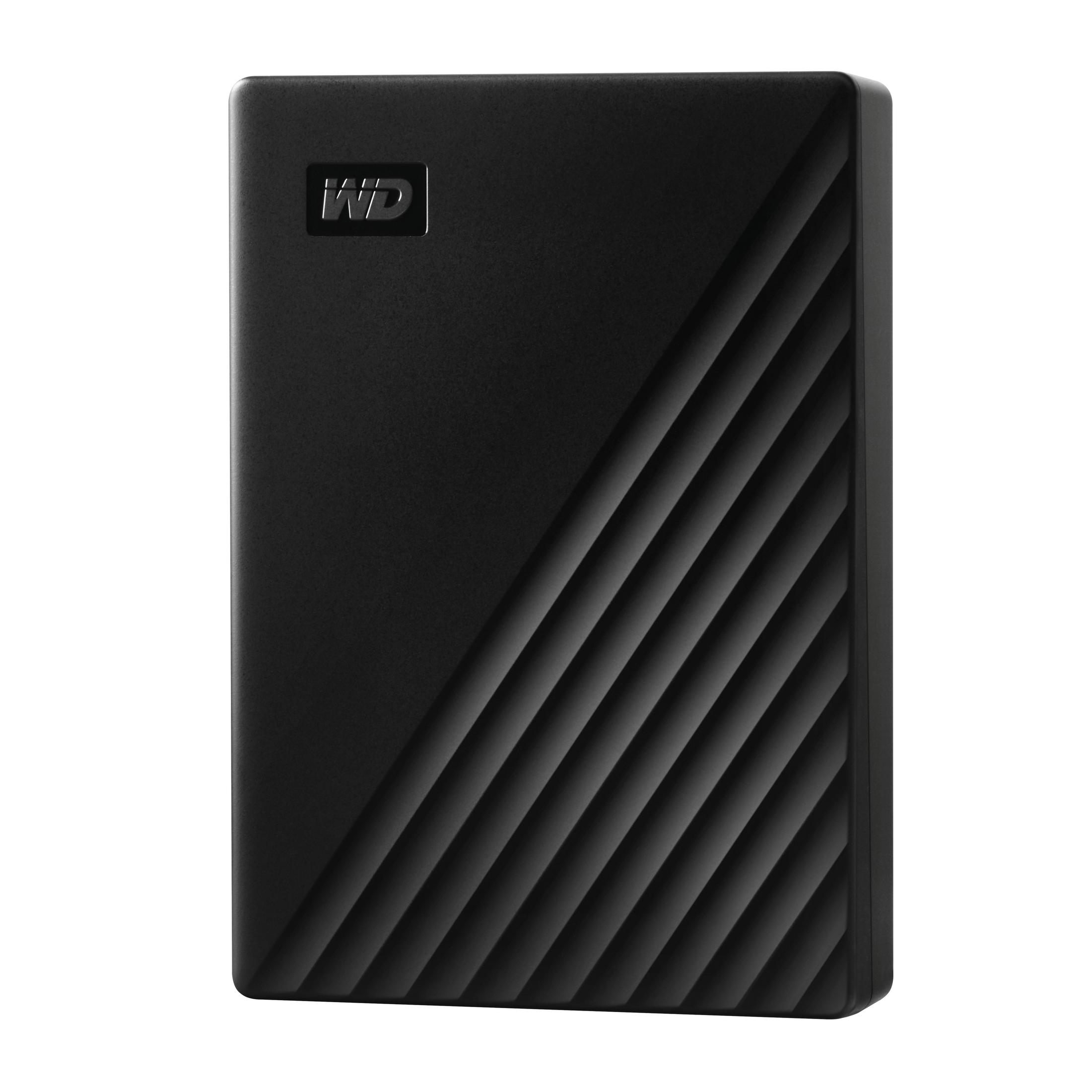 Hard disk esterno nero con scanalature diagonali e logo WD.