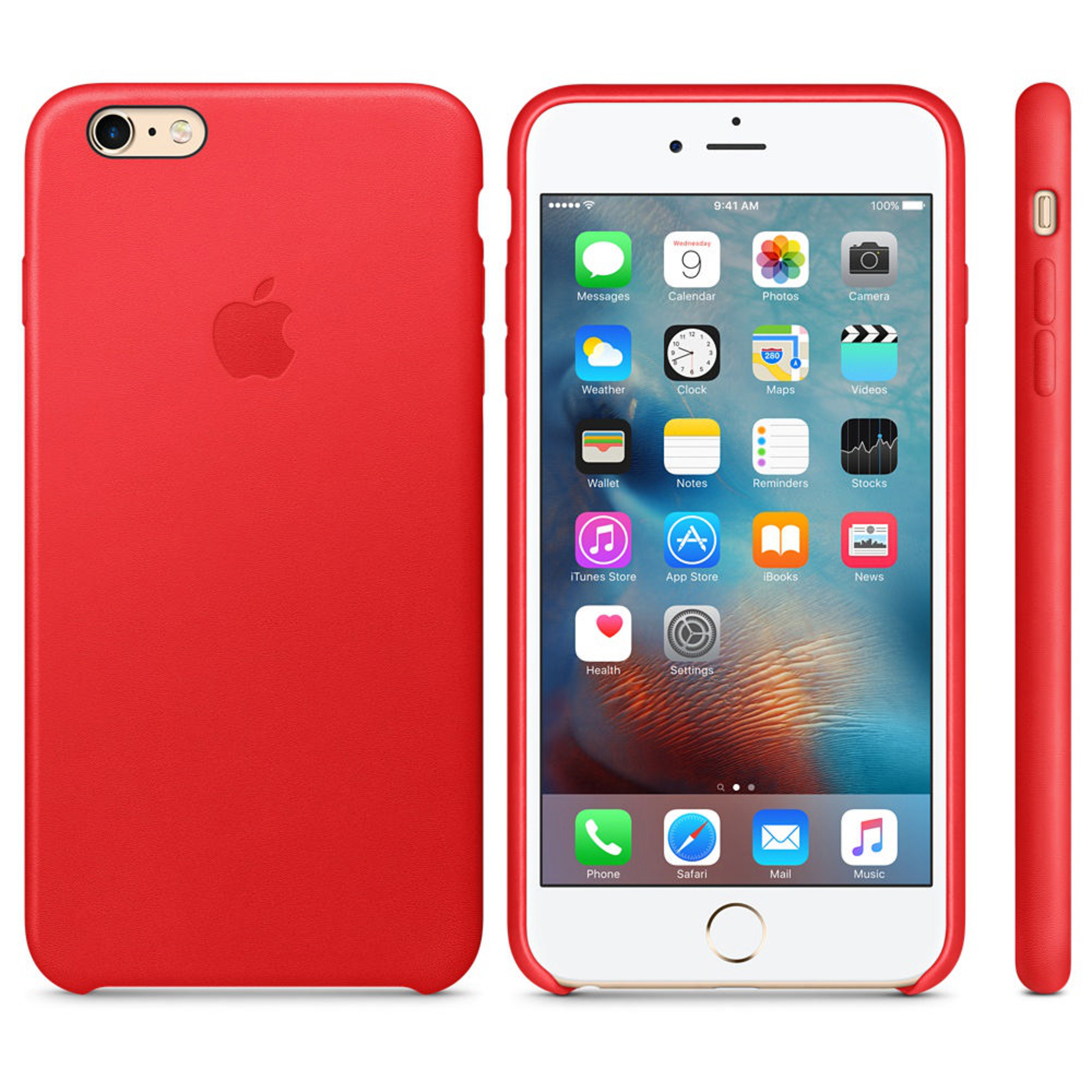Custodia rossa e un iPhone con app. A sinistra custodia, al centro telefono, a destra vista laterale.