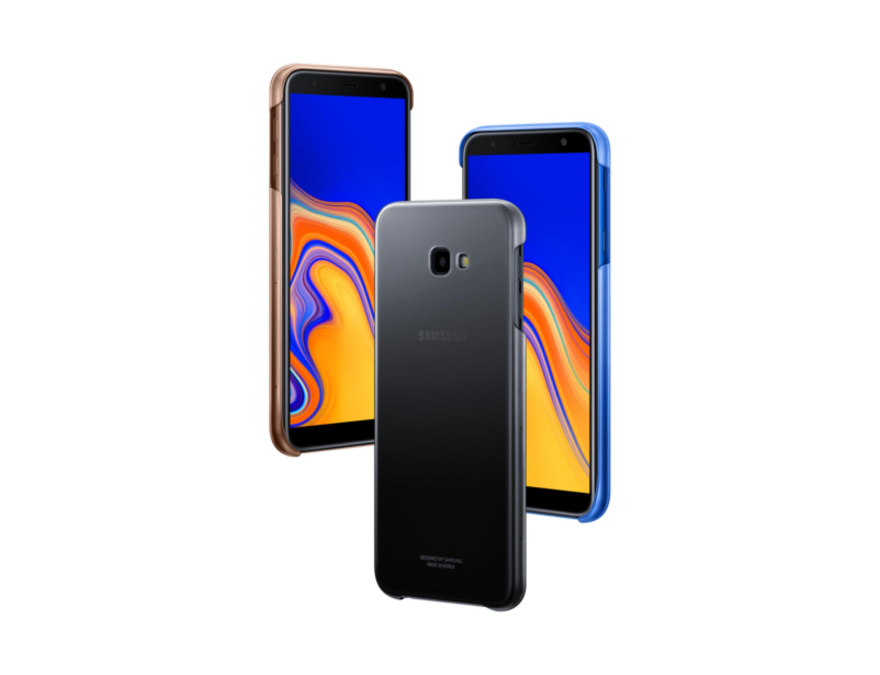 Tre smartphone Samsung con schermi colorati e cover bronzo, nero e blu.
