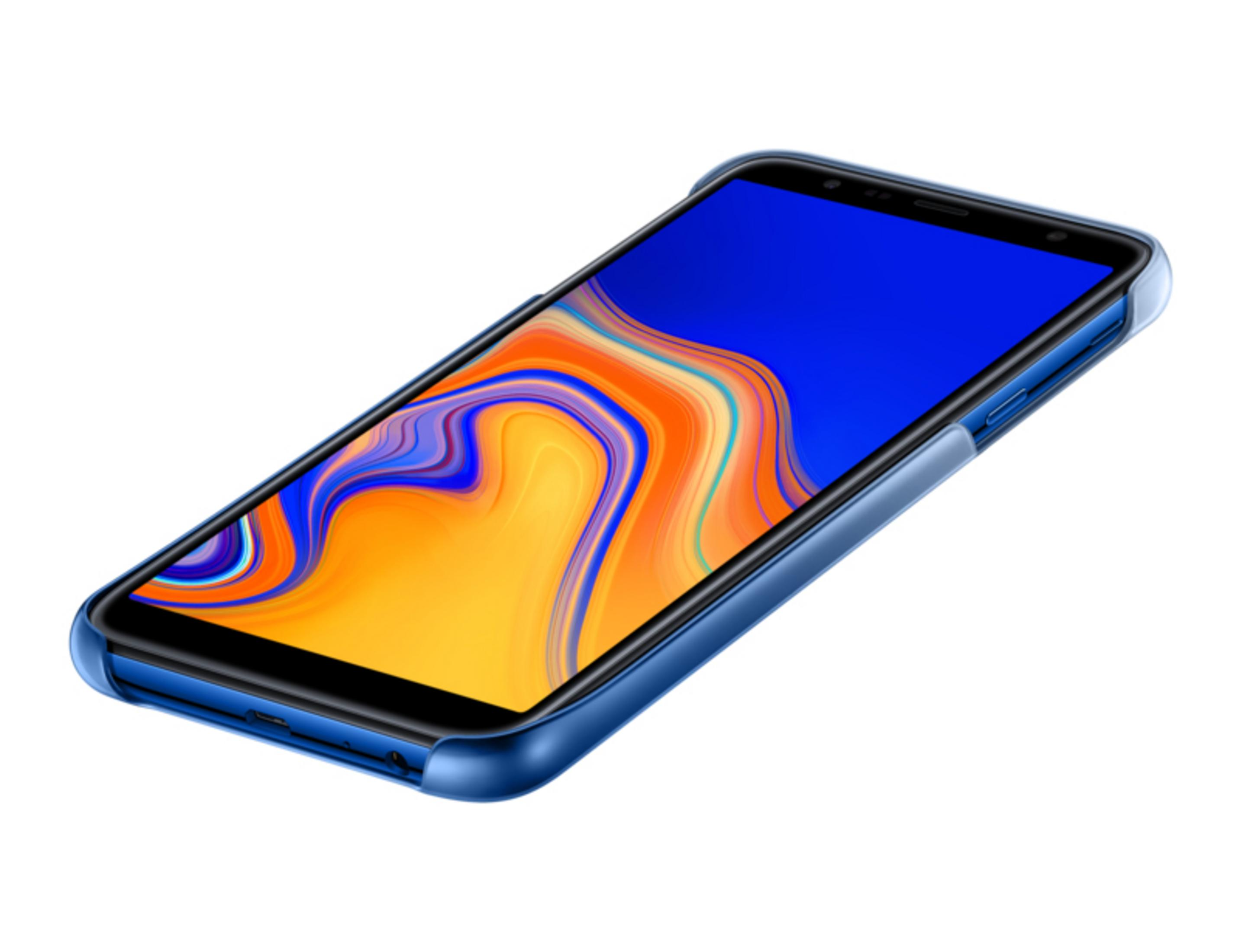 Una custodia blu copre uno smartphone con sfondo blu e arancione.