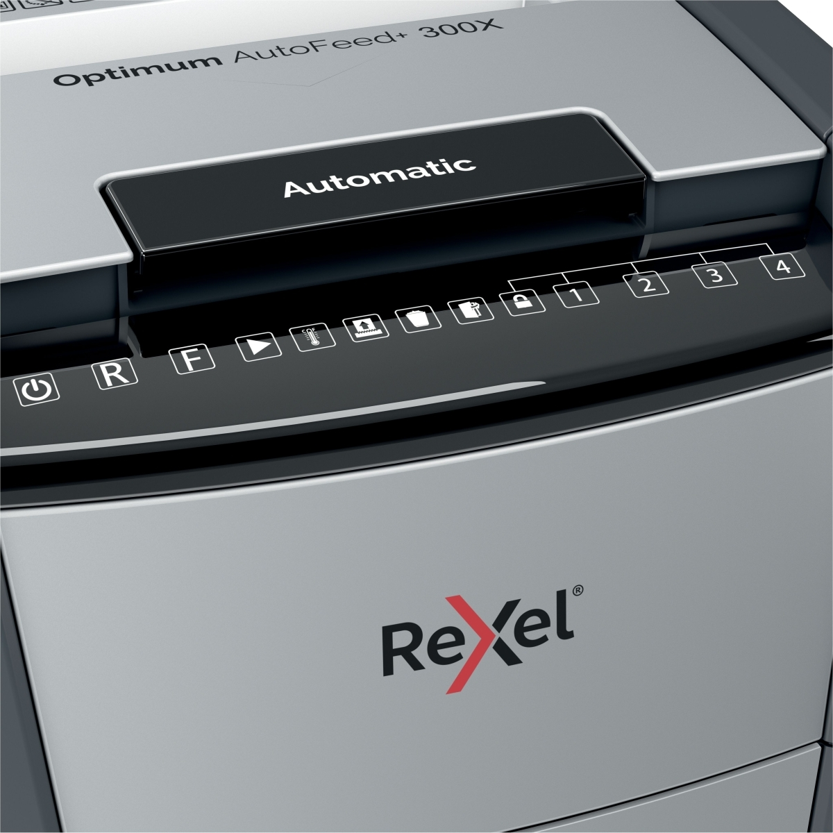 Ein silberner Rexel Aktenvernichter mit "Automatic" und Symbolen.