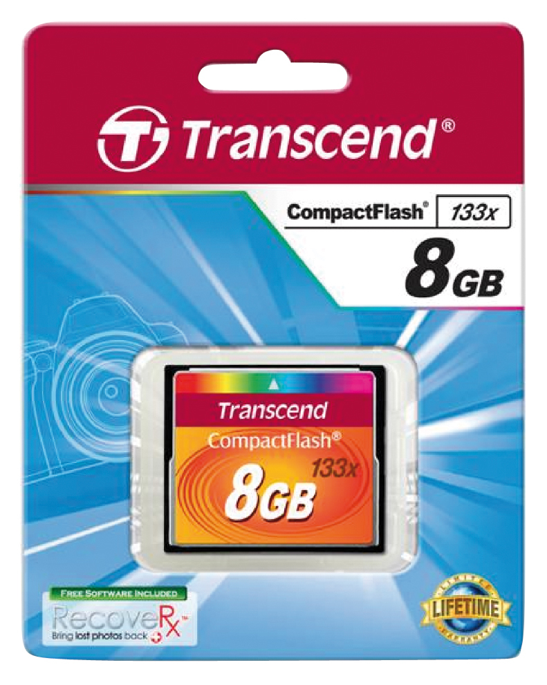 Confezione di una scheda di memoria Transcend CompactFlash da 8GB con illustrazione di fotocamera.