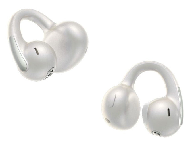 Due auricolari wireless bianchi con ganci per l'orecchio, isolati su bianco.