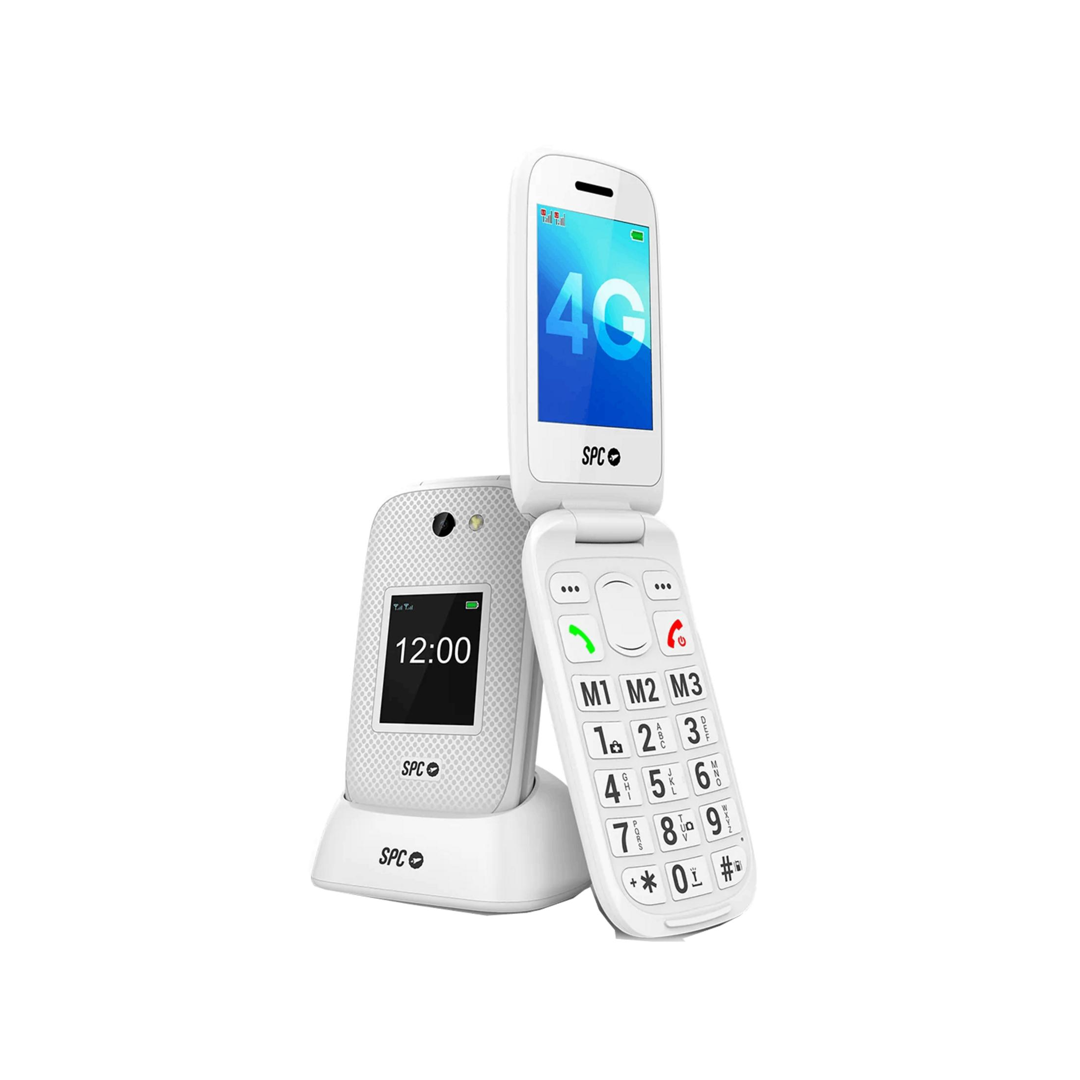 Un telefono a conchiglia bianco con tastiera e ora 12:00 visualizzata.