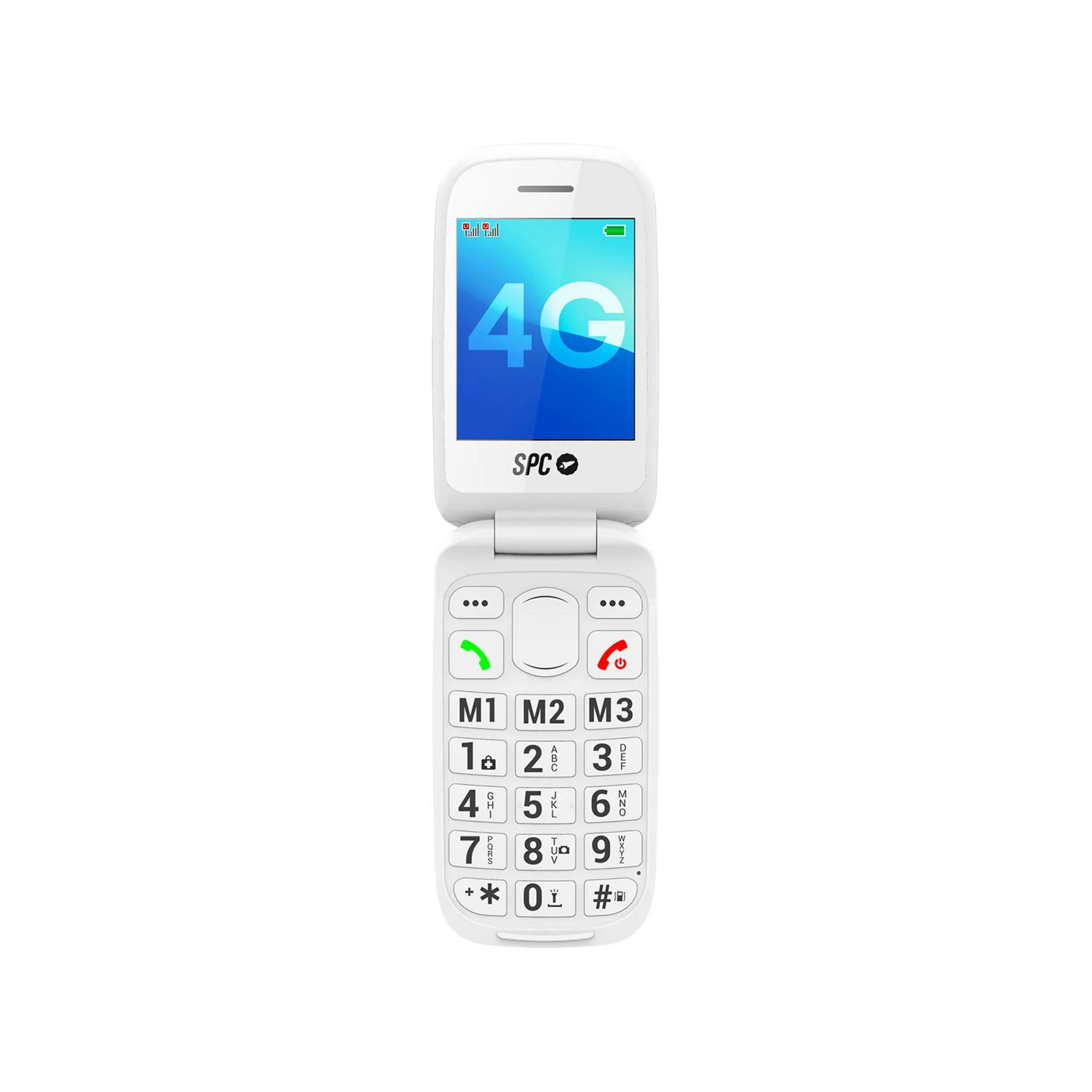 Un telefono a conchiglia bianco con display 4G e tastierino numerico.