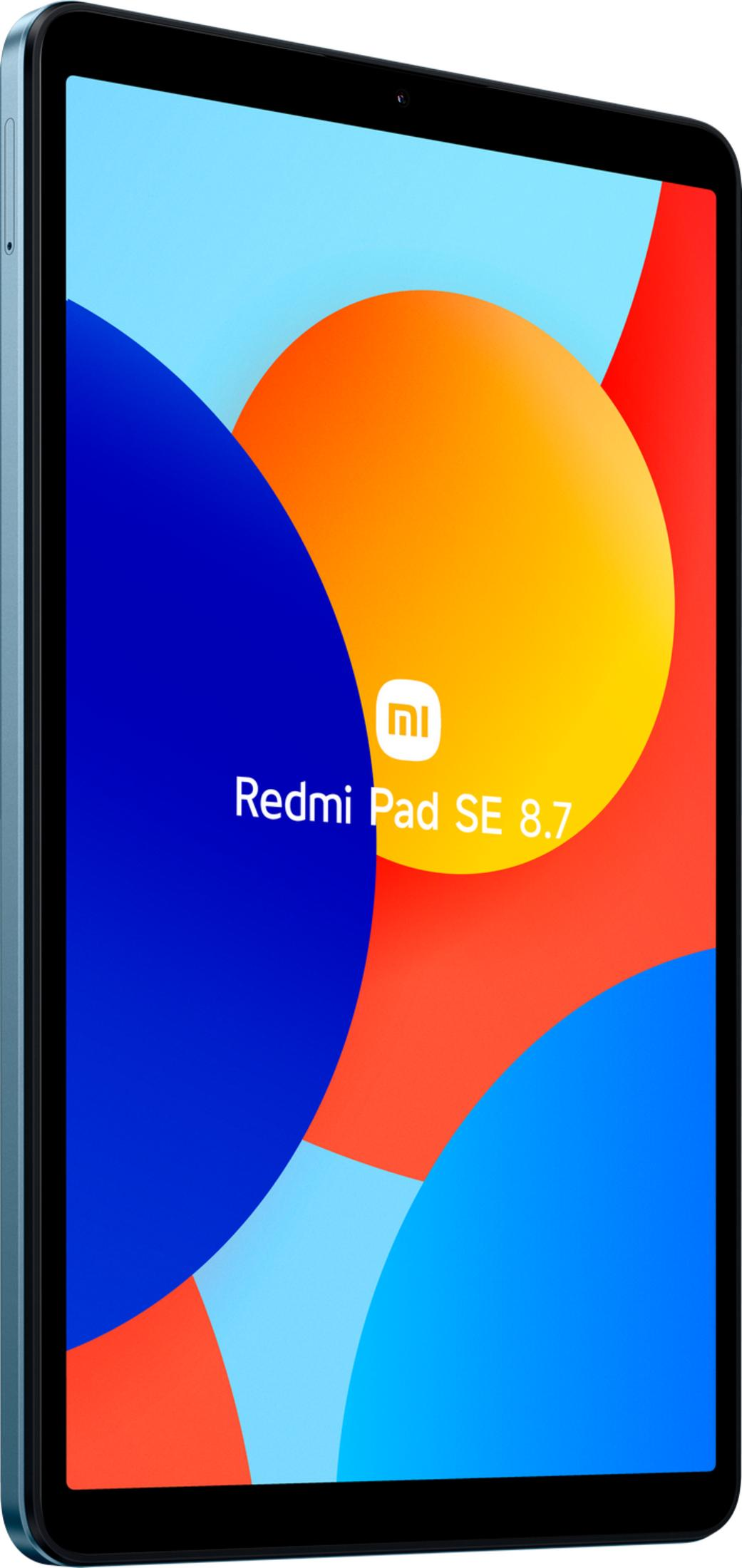 Un tablet azzurro mostra uno sfondo colorato e il logo Redmi.