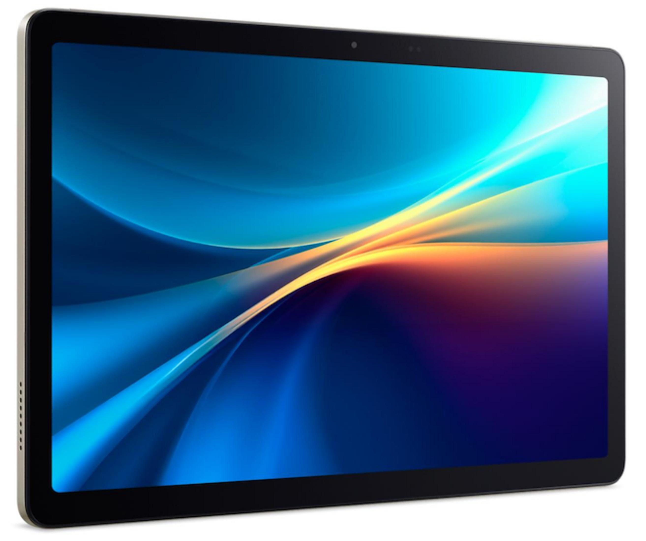 Tablet z abstrakcyjnym niebiesko-pomarańczowym obrazem tła.