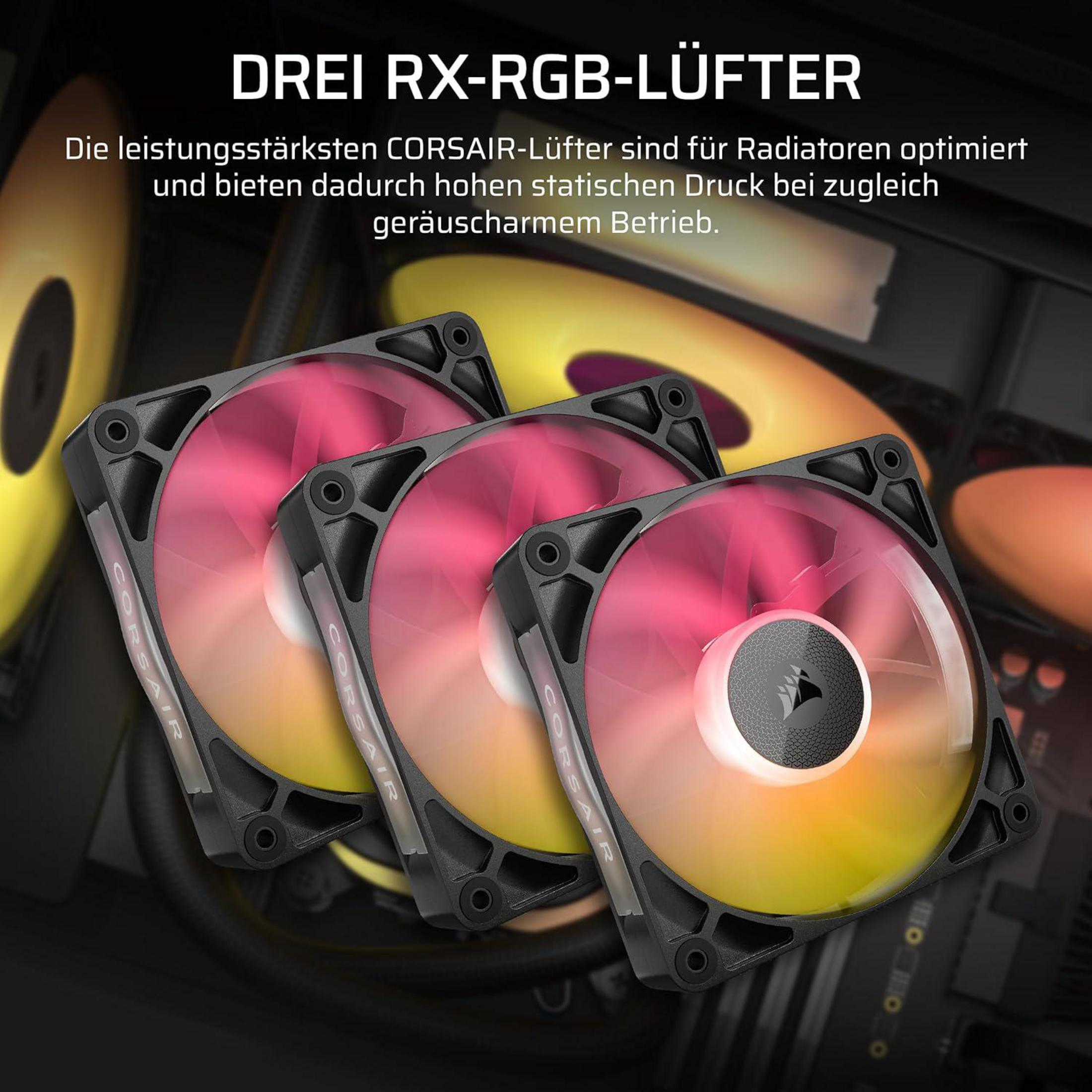Tres ventiladores negros con iluminación RGB roja y amarilla.