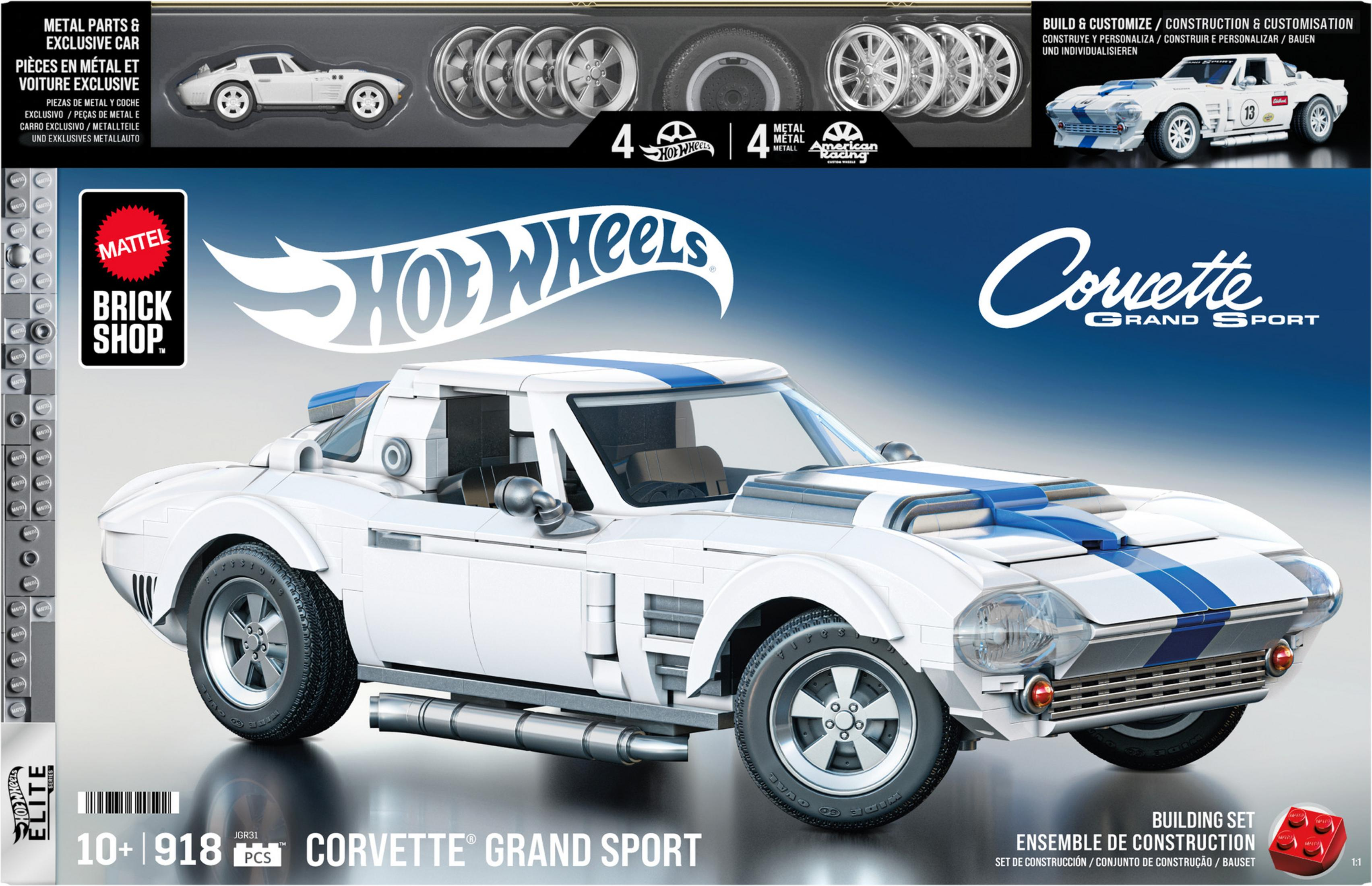 Ein weißer Hot Wheels Corvette Grand Sport Lego-Bausatz mit blauen Streifen.