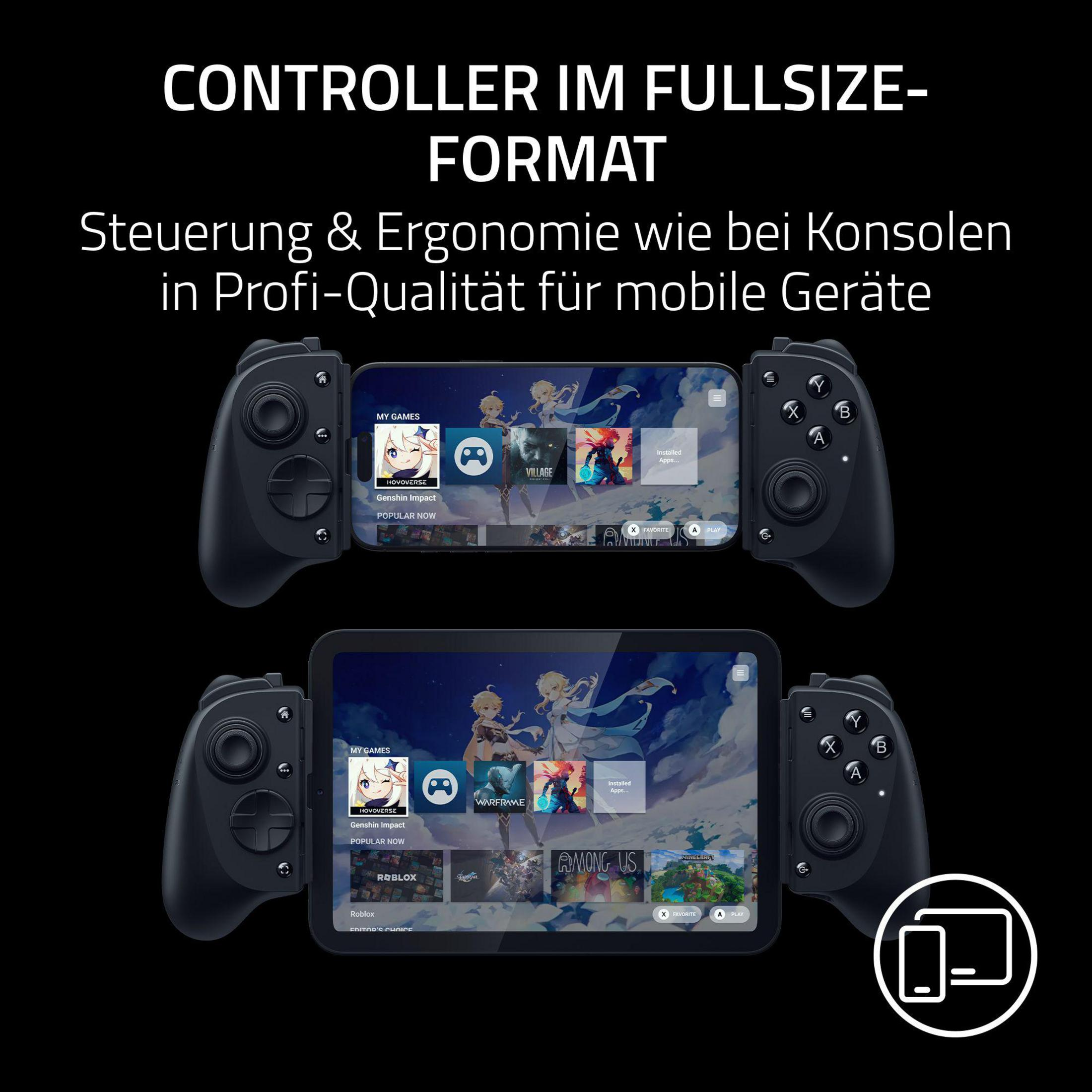 Controller nero per smartphone e tablet, mostra app di giochi.