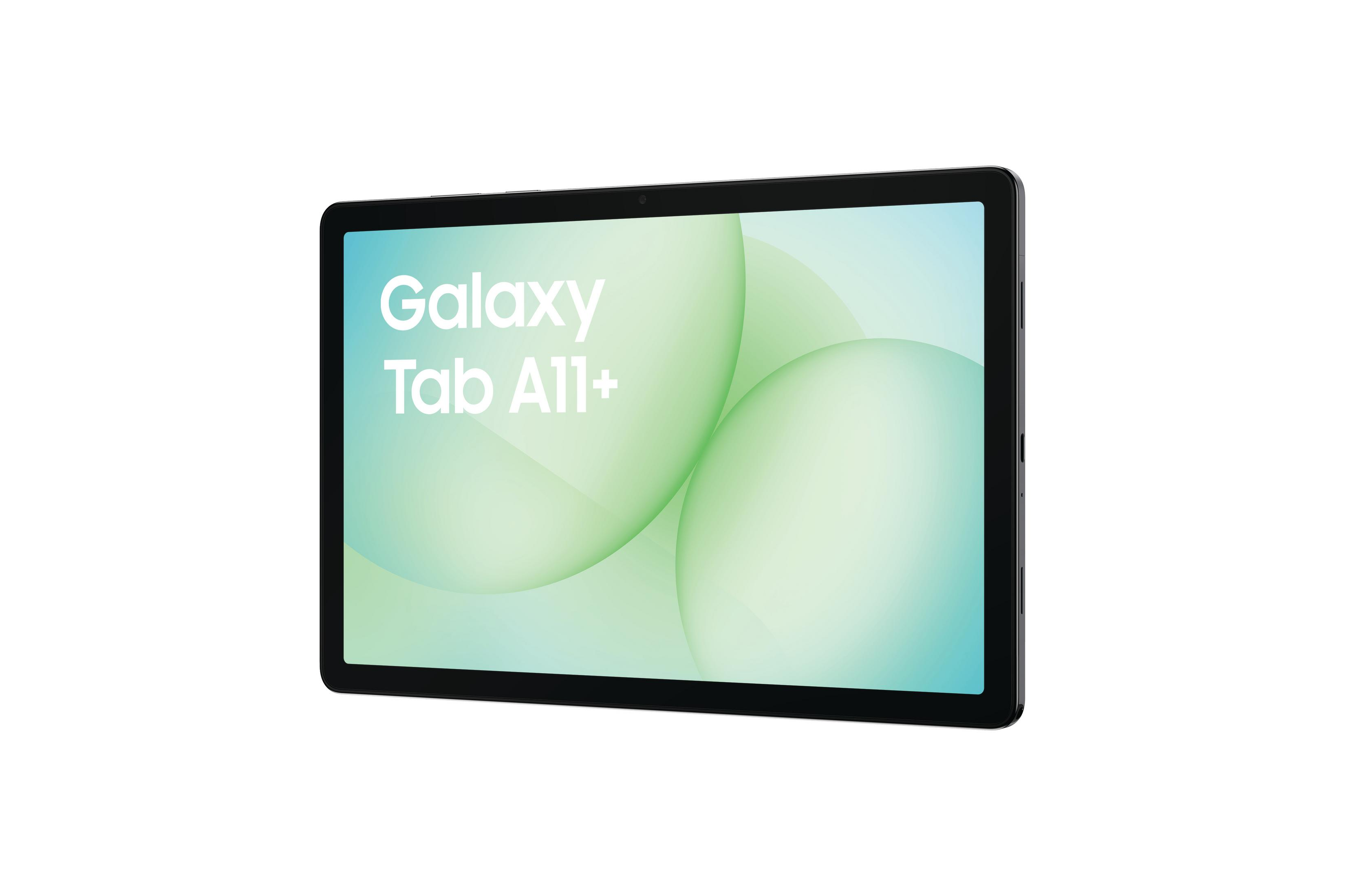Czarny tablet Samsung Galaxy Tab A11+ z zielonym tłem w kółka.