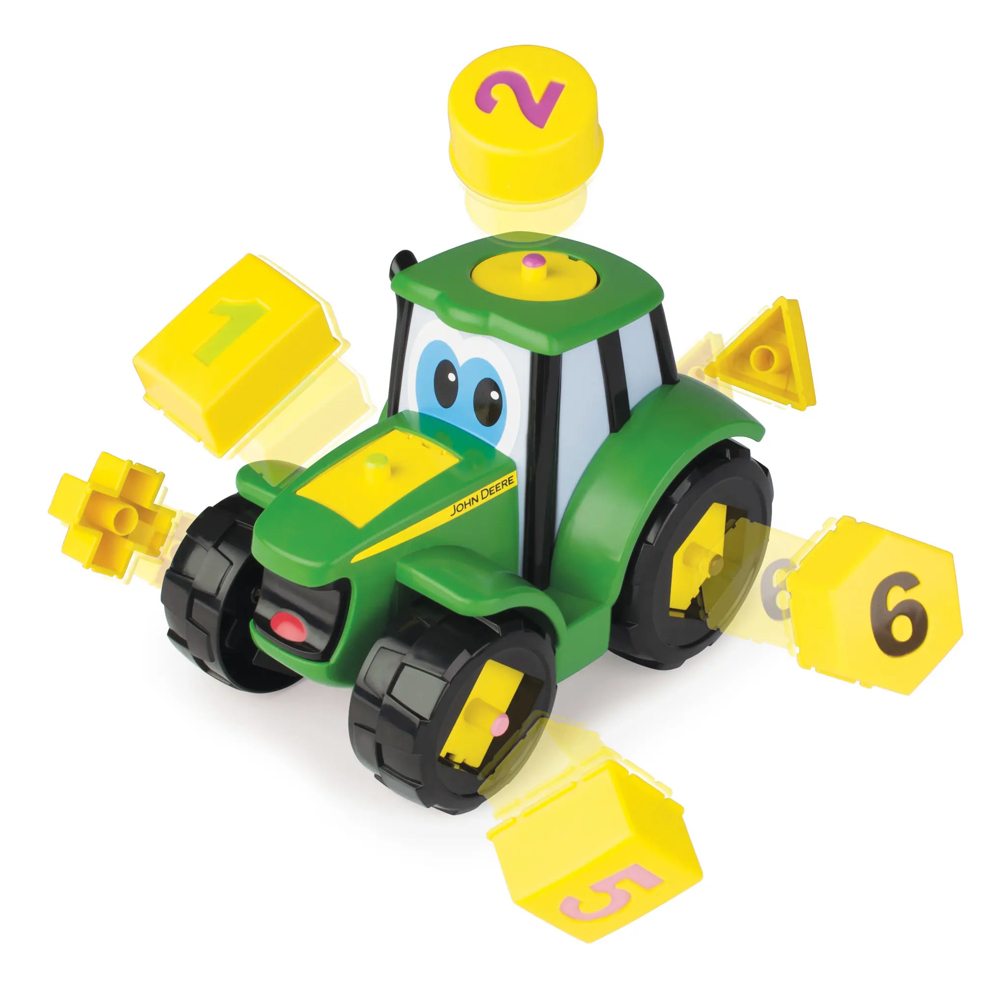 Ein grüner Spielzeugtraktor mit Gesicht, umgeben von gelben Zahlenblöcken.
