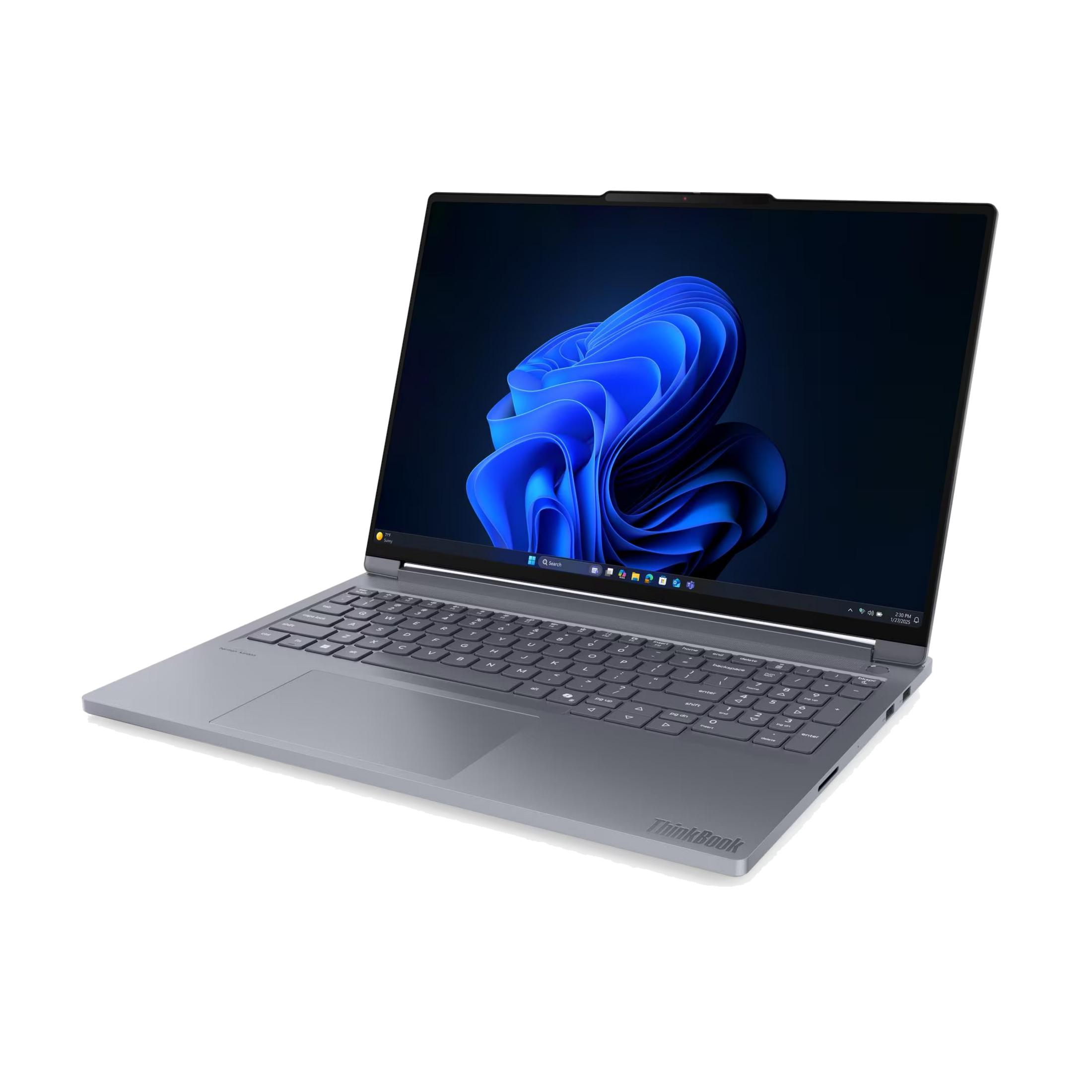 Un portátil gris ThinkBook con fondo de pantalla y teclado azules.