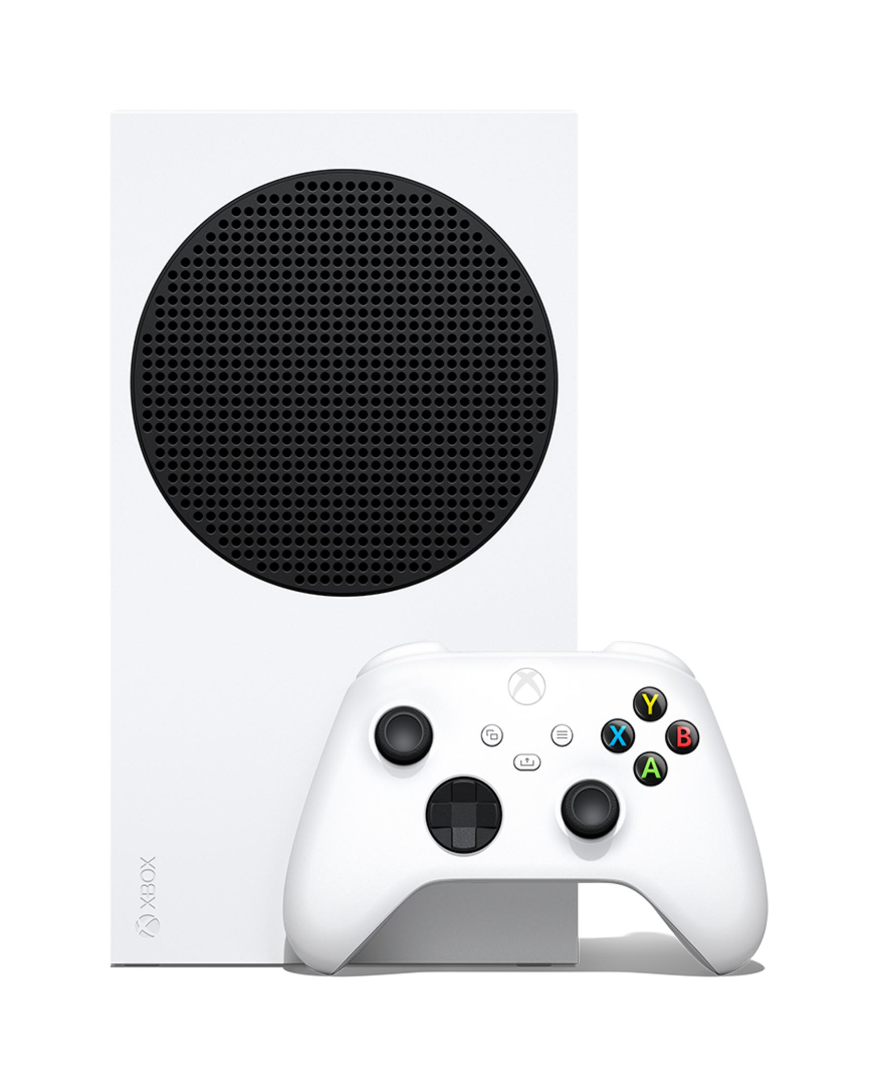 Un corpo console Xbox Series S bianco accanto a un controller bianco.