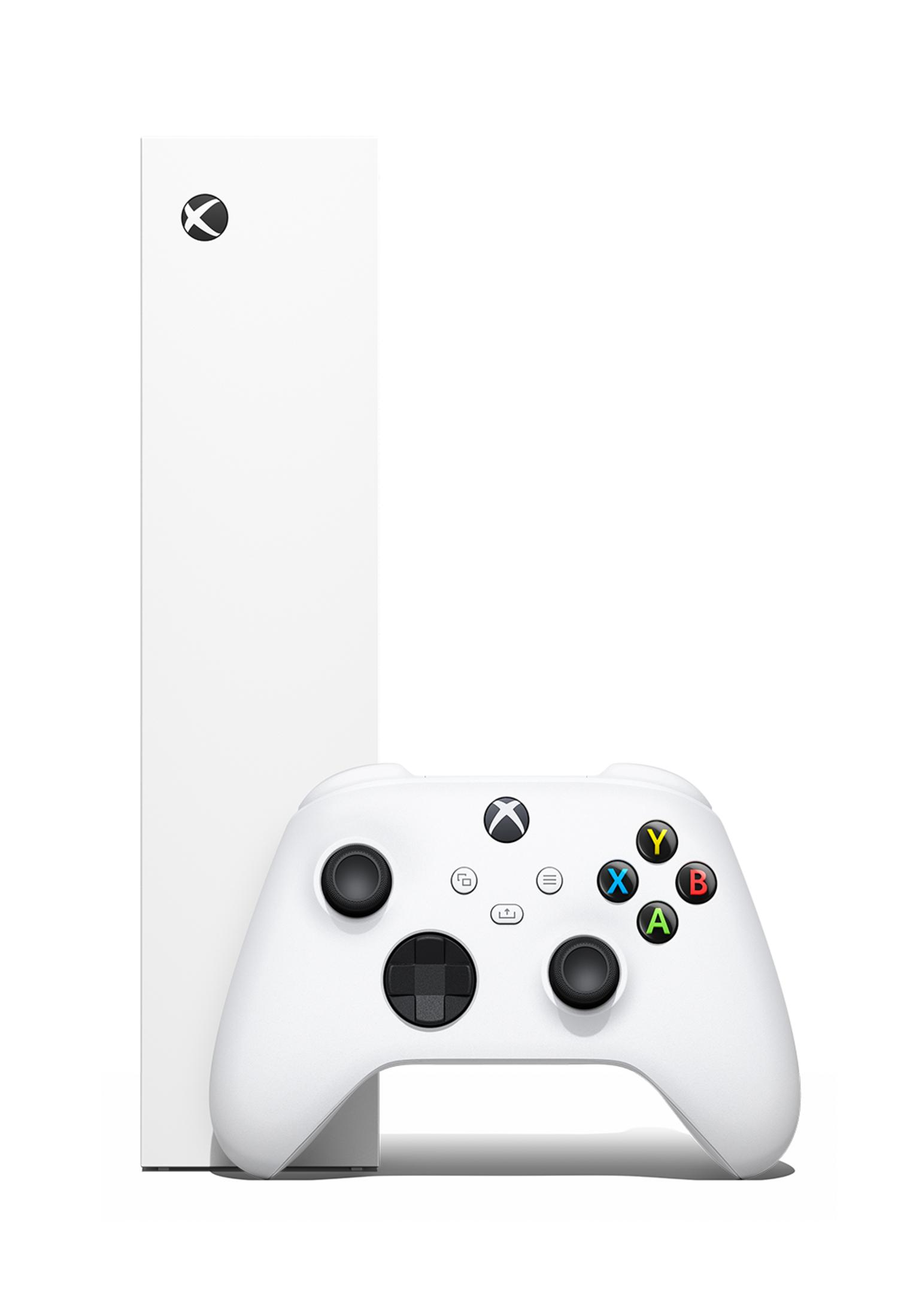 Una console e un controller Xbox Series X bianchi su sfondo bianco.