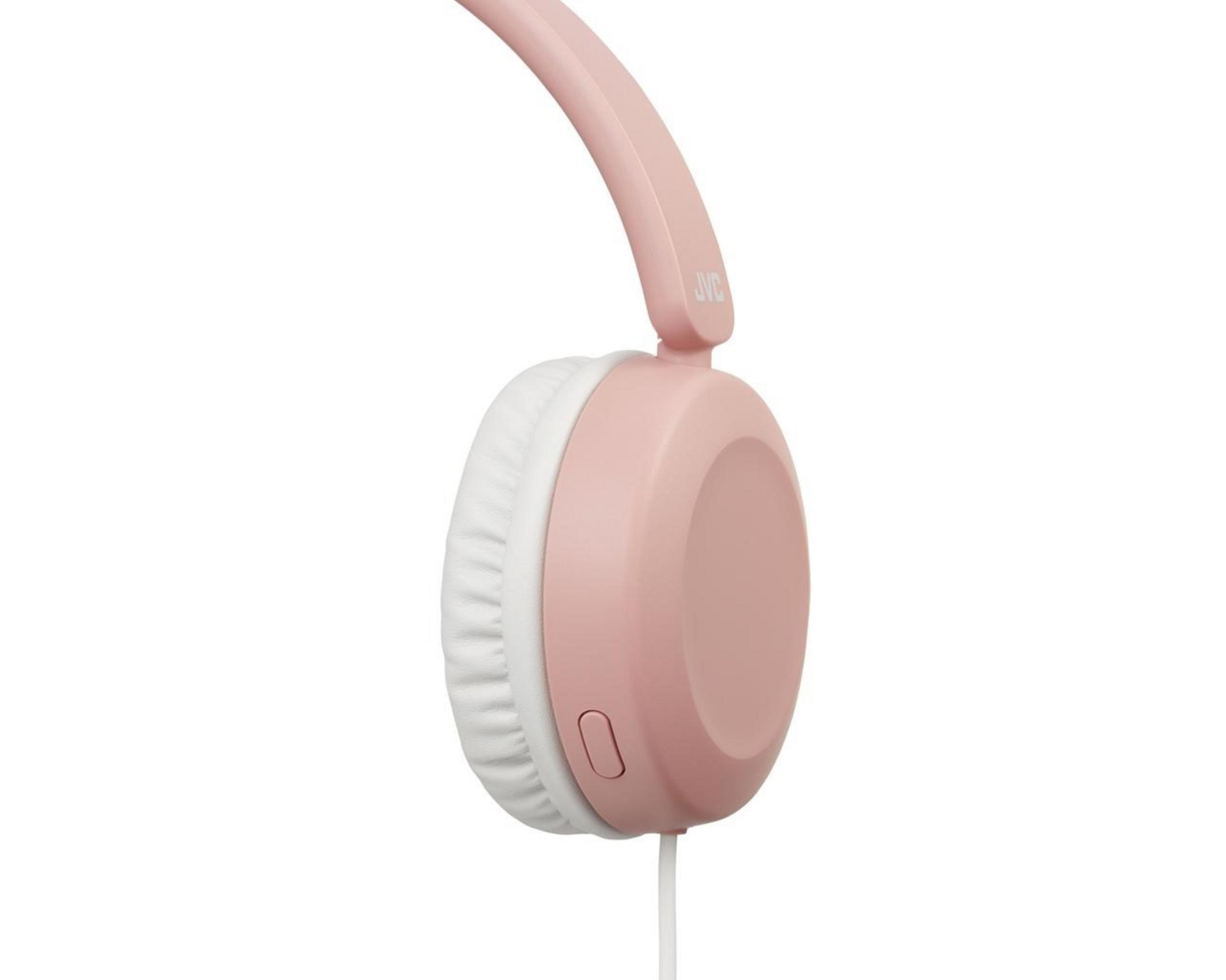 Un casque rose avec coussinet blanc et cordon noir.