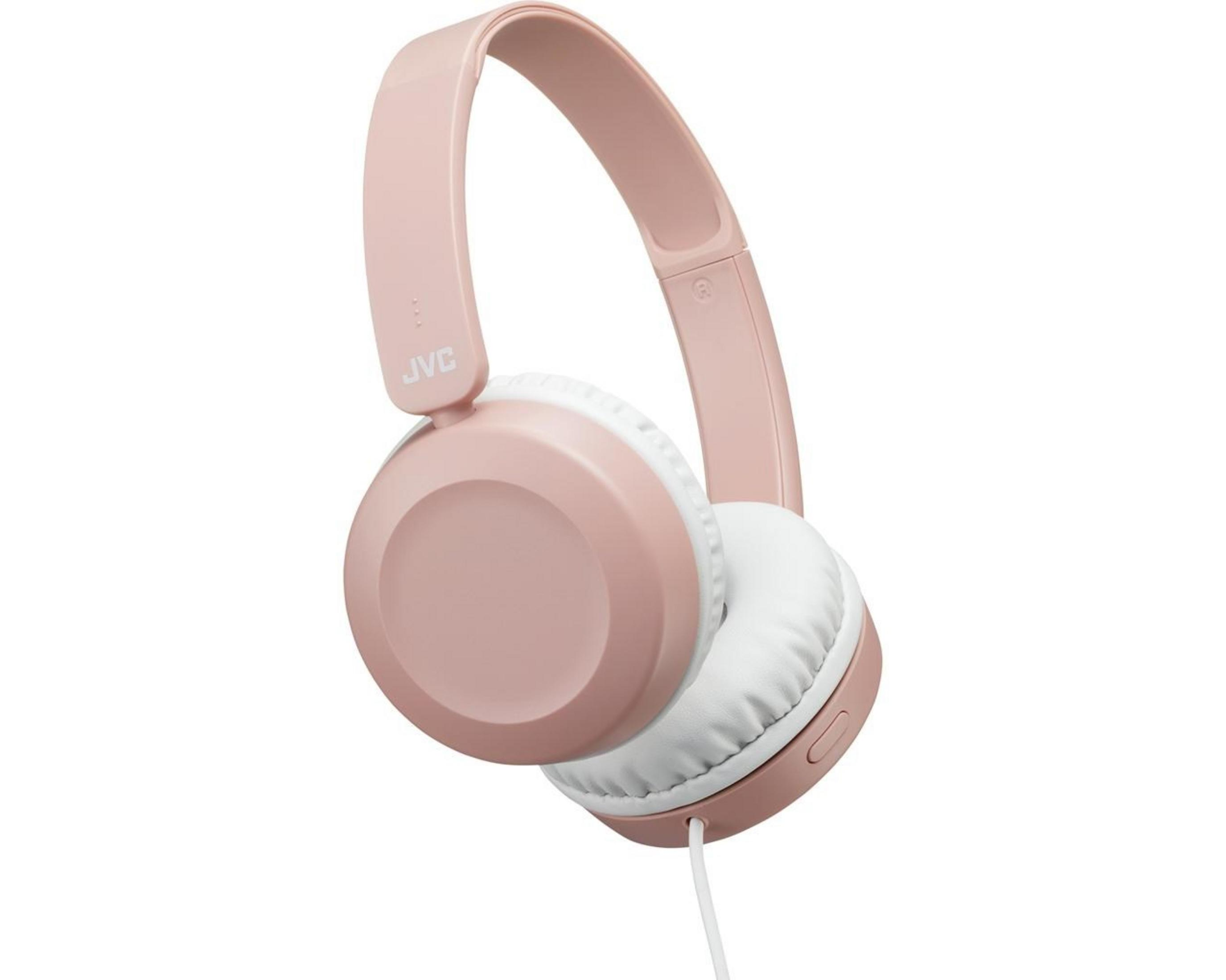 Casque rose avec coussinet blanc et logo JVC.